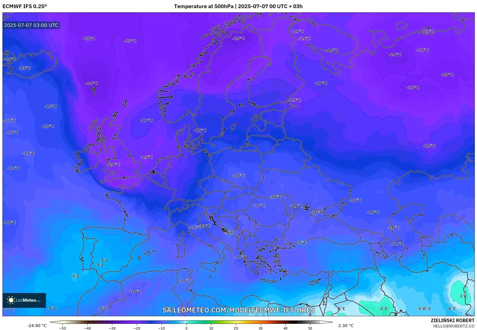 ECMWF IFS 0.25° model - Europe, Temperature at 500hPa ECMWF IFS 0.25° model - Europe, Temperature at 500hPa