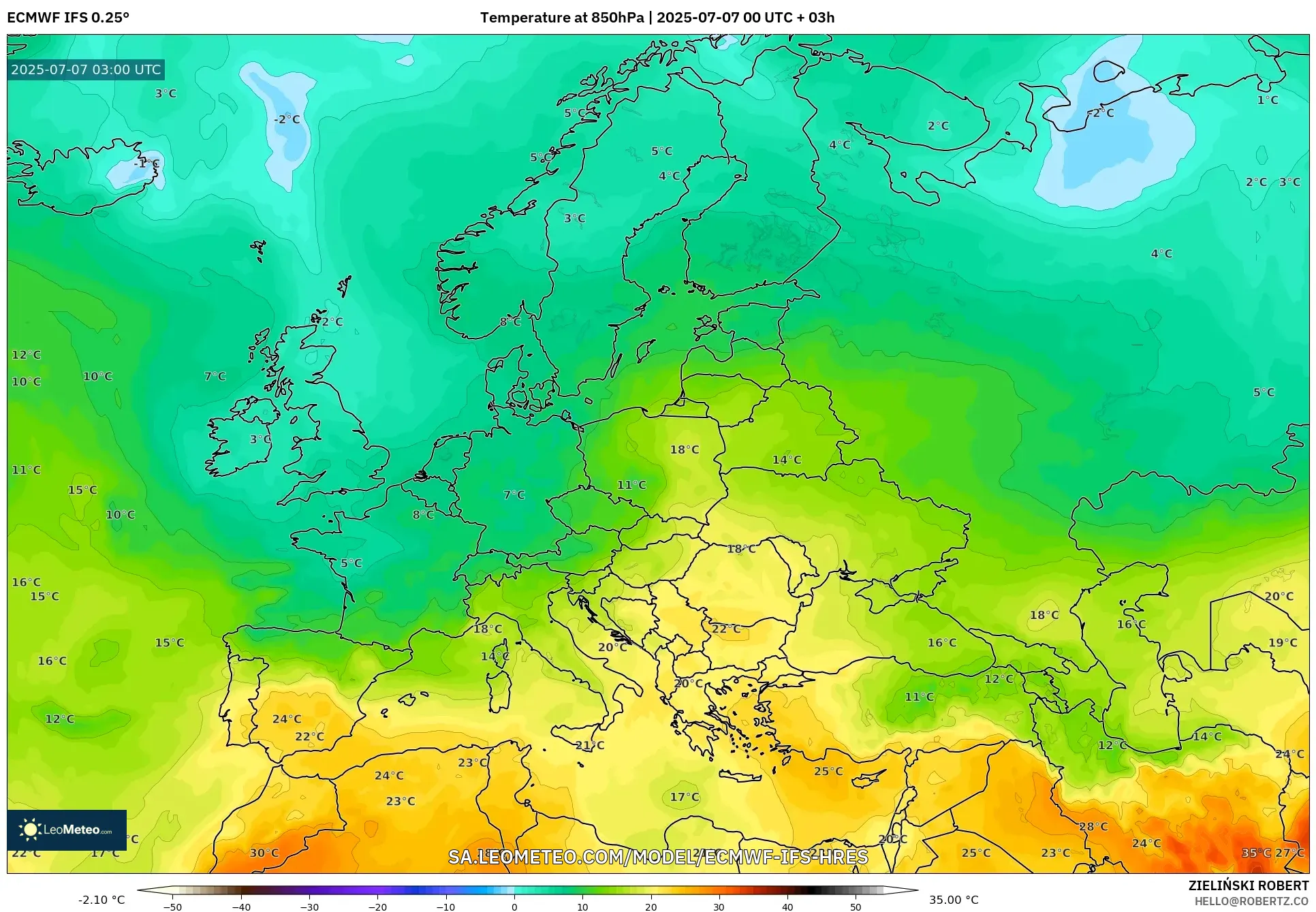 ECMWF IFS 0.25° model - Europe, Temperature at 850hPa ECMWF IFS 0.25° model - Europe, Temperature at 850hPa