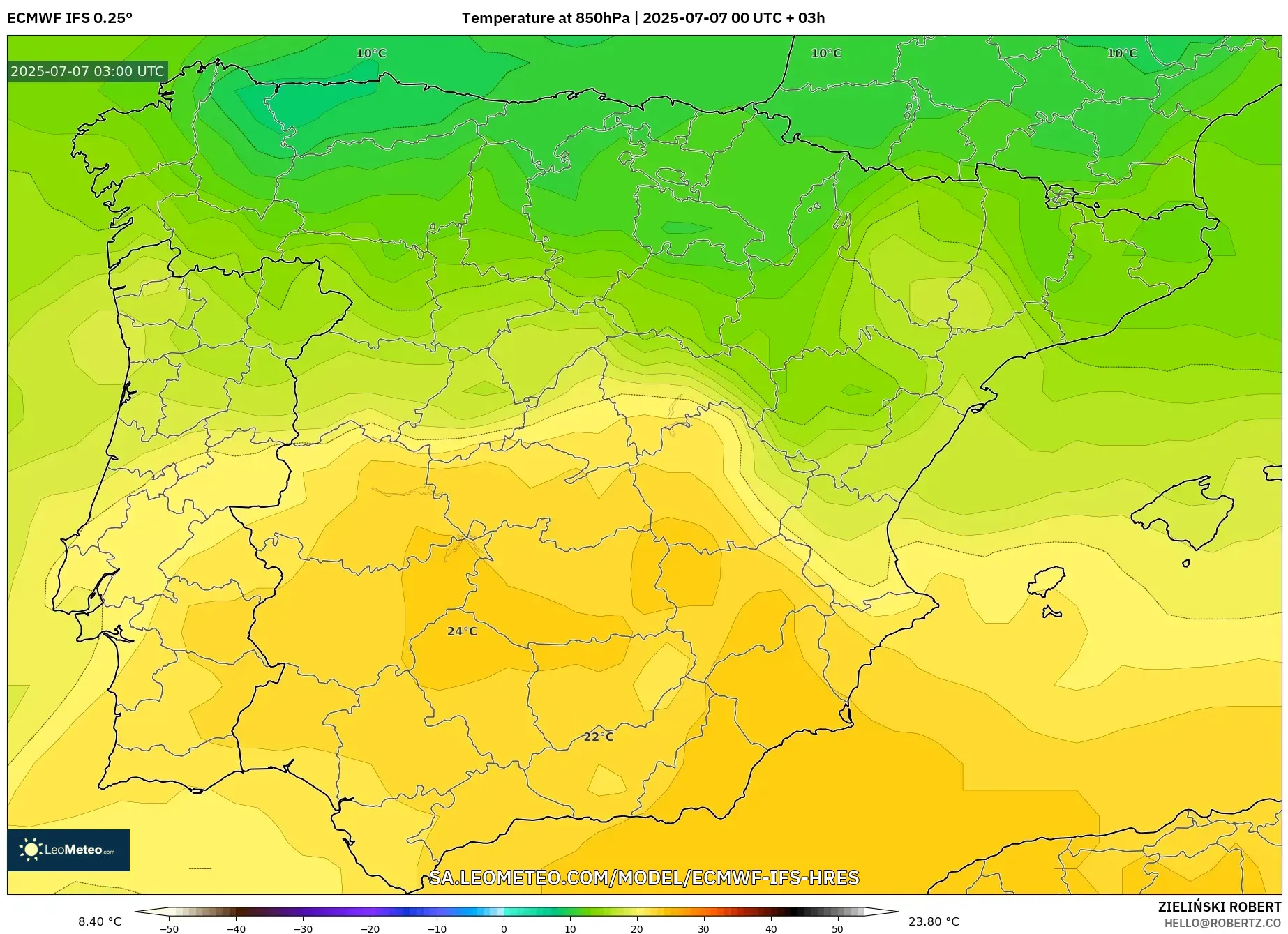 ECMWF IFS 0.25° model - Spain, Temperature at 850hPa ECMWF IFS 0.25° model - Spain, Temperature at 850hPa
