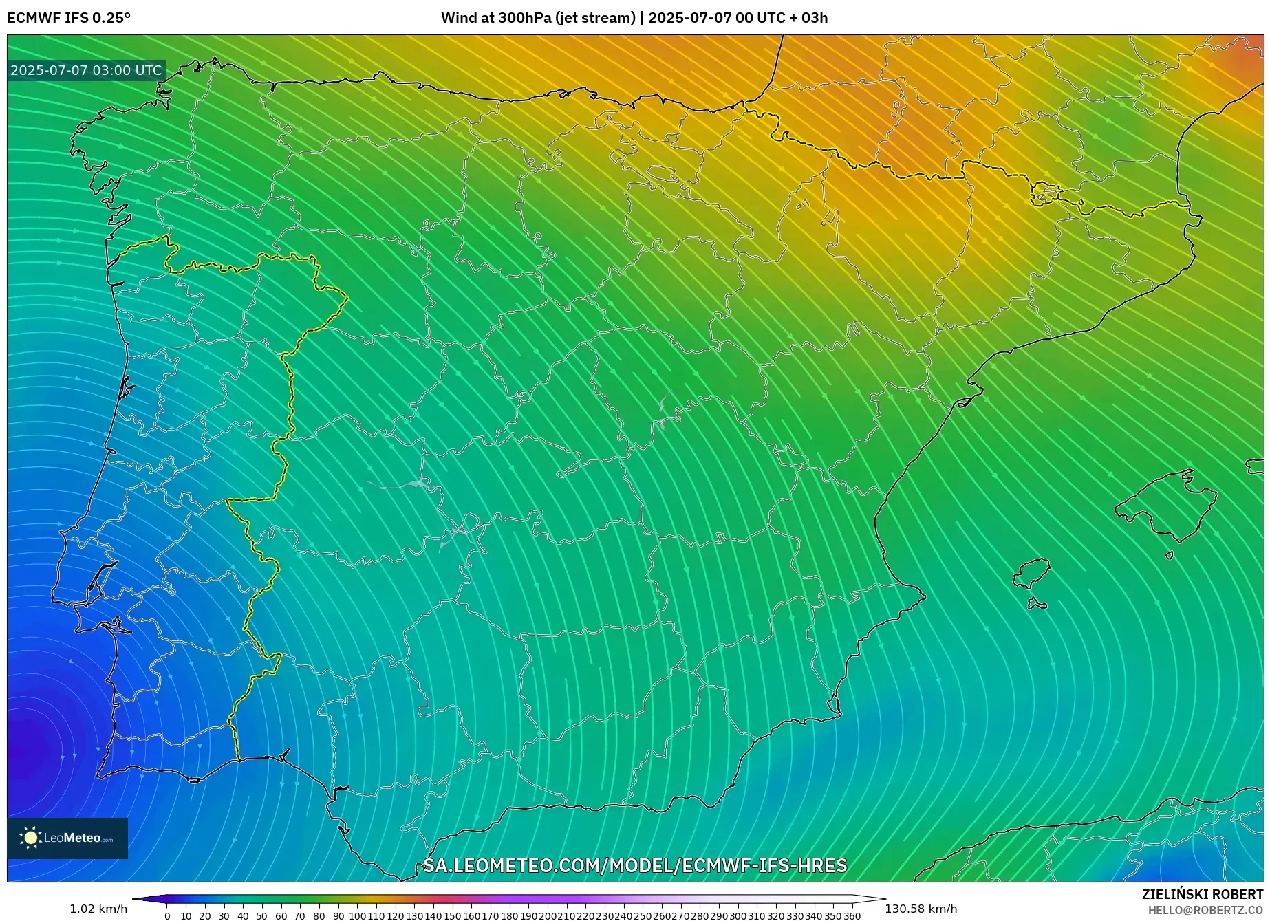ECMWF IFS 0.25° model - Spain, Wind at 300hPa (jet stream) ECMWF IFS 0.25° model - Spain, Wind at 300hPa (jet stream)