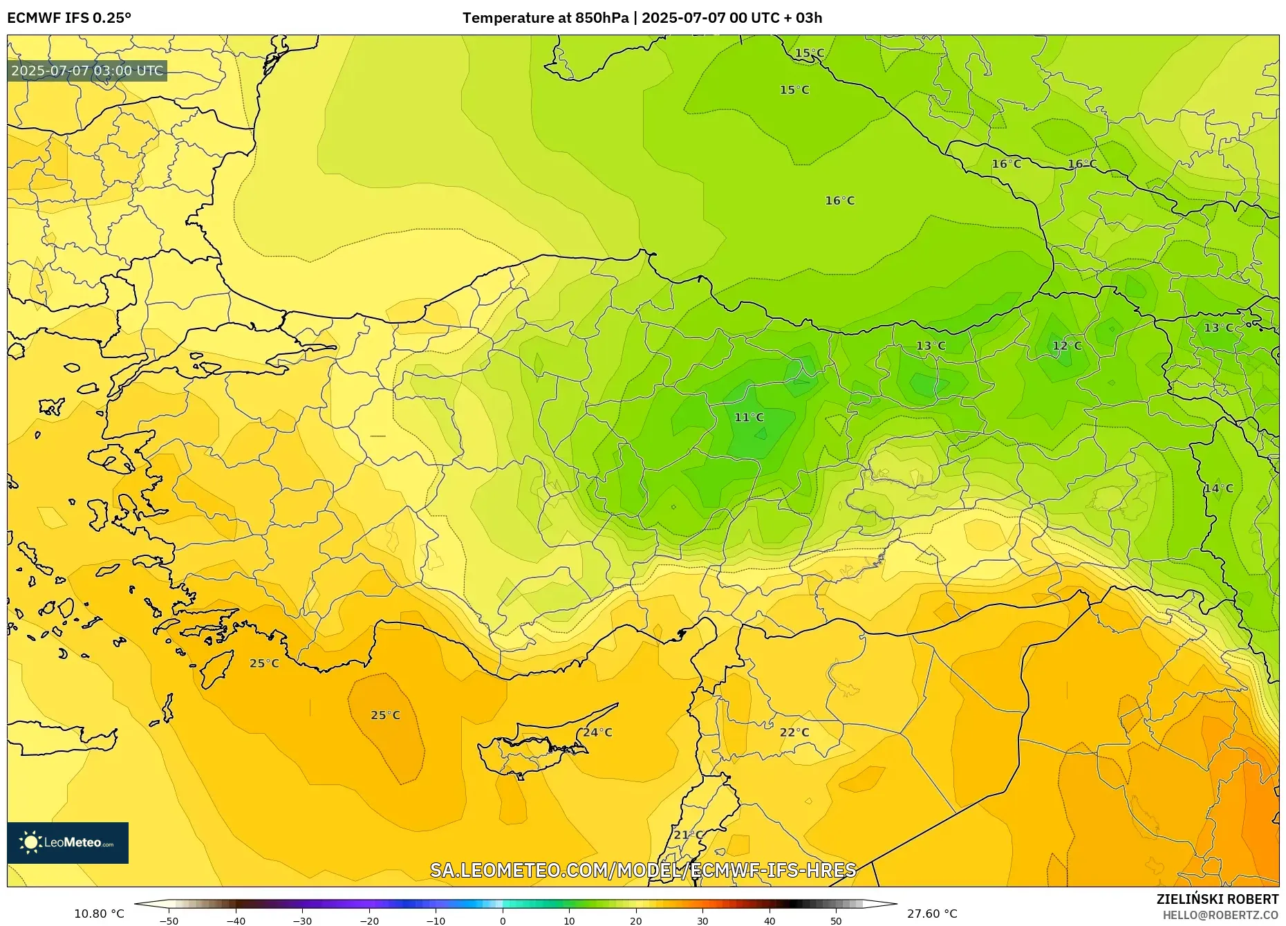 ECMWF IFS 0.25° model - Turkey, Temperature at 850hPa ECMWF IFS 0.25° model - Turkey, Temperature at 850hPa