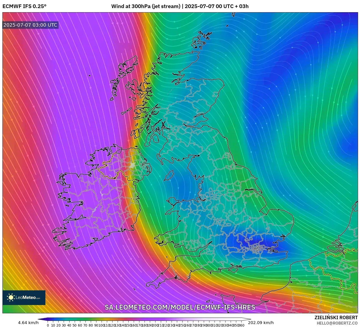 ECMWF IFS 0.25° model - United Kingdom, Wind at 300hPa (jet stream) ECMWF IFS 0.25° model - United Kingdom, Wind at 300hPa (jet stream)