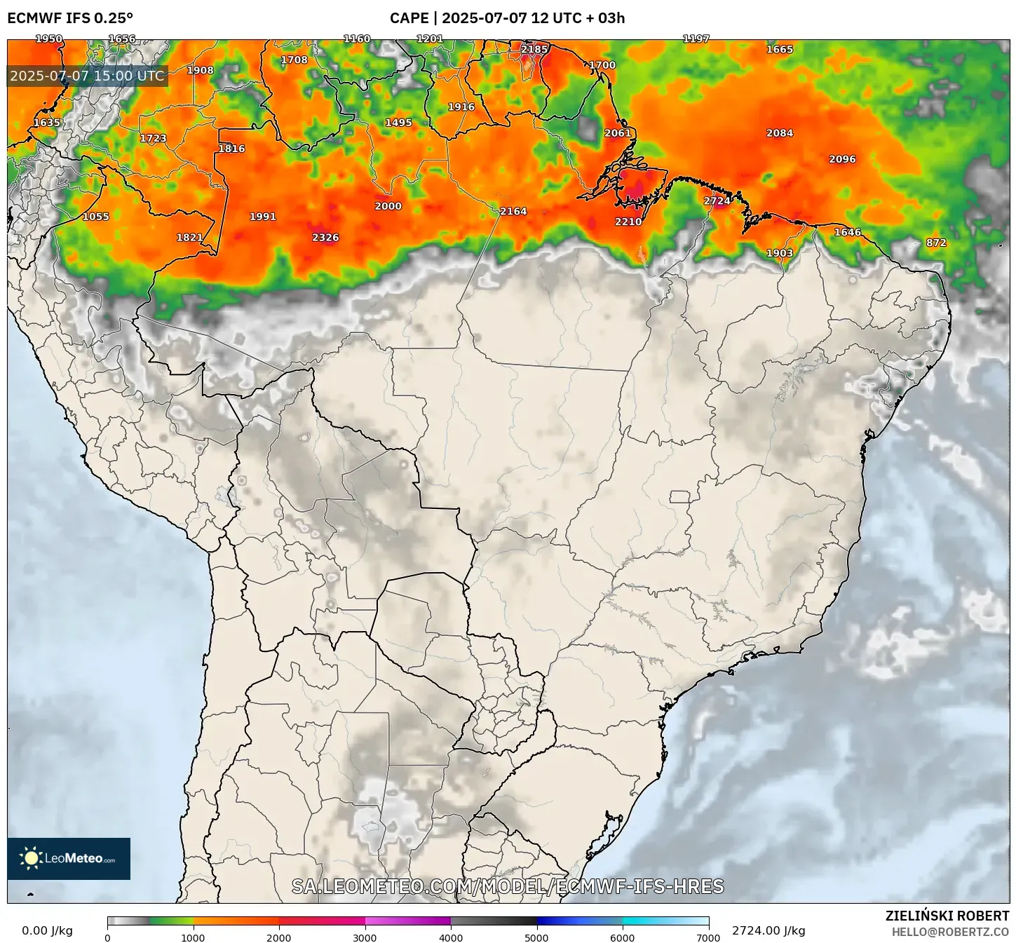 ECMWF IFS 0.25° model - Brazil, CAPE ECMWF IFS 0.25° model - Brazil, CAPE