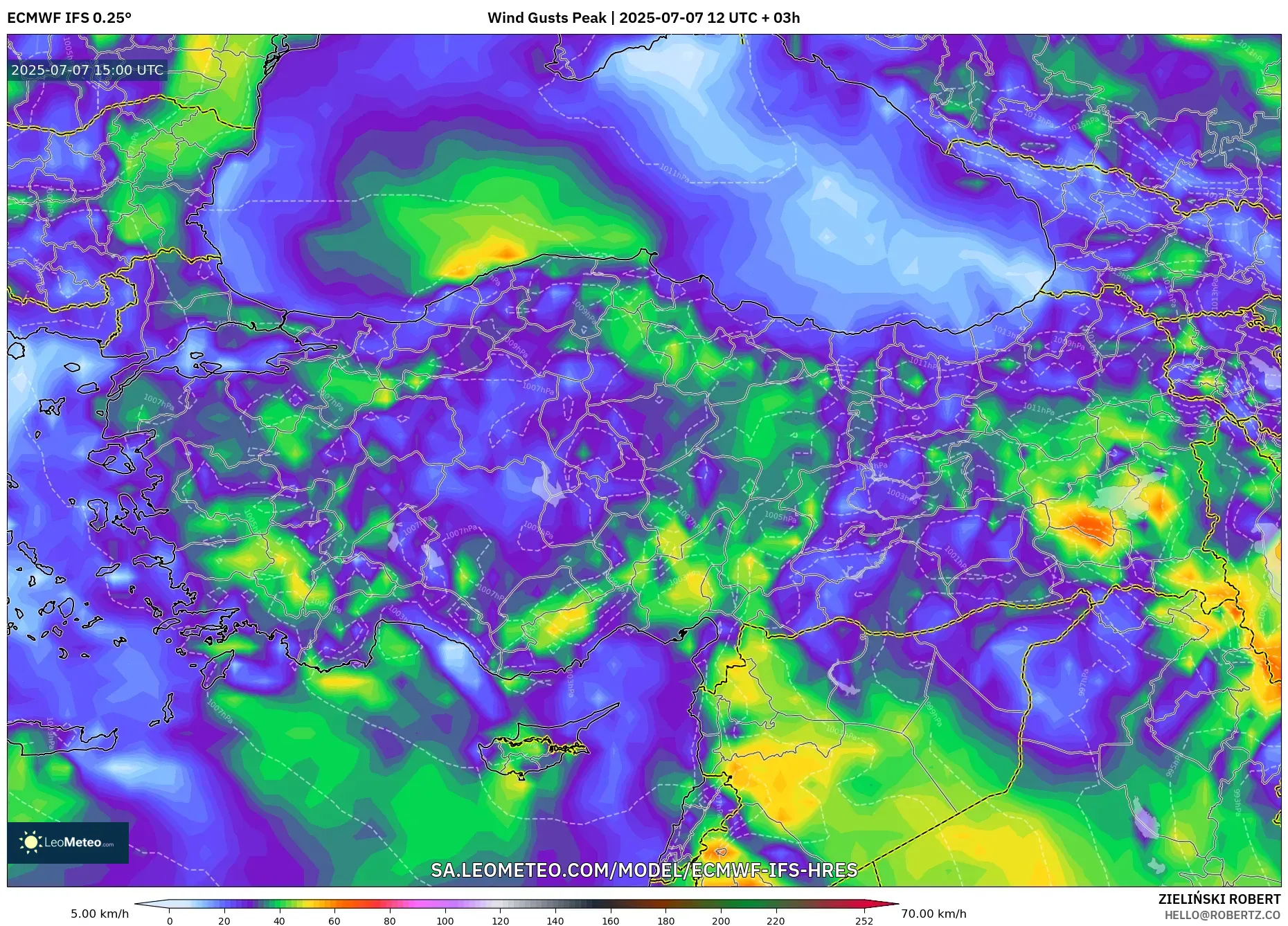 ECMWF IFS 0.25° model - Turkey, Wind Gusts Peak