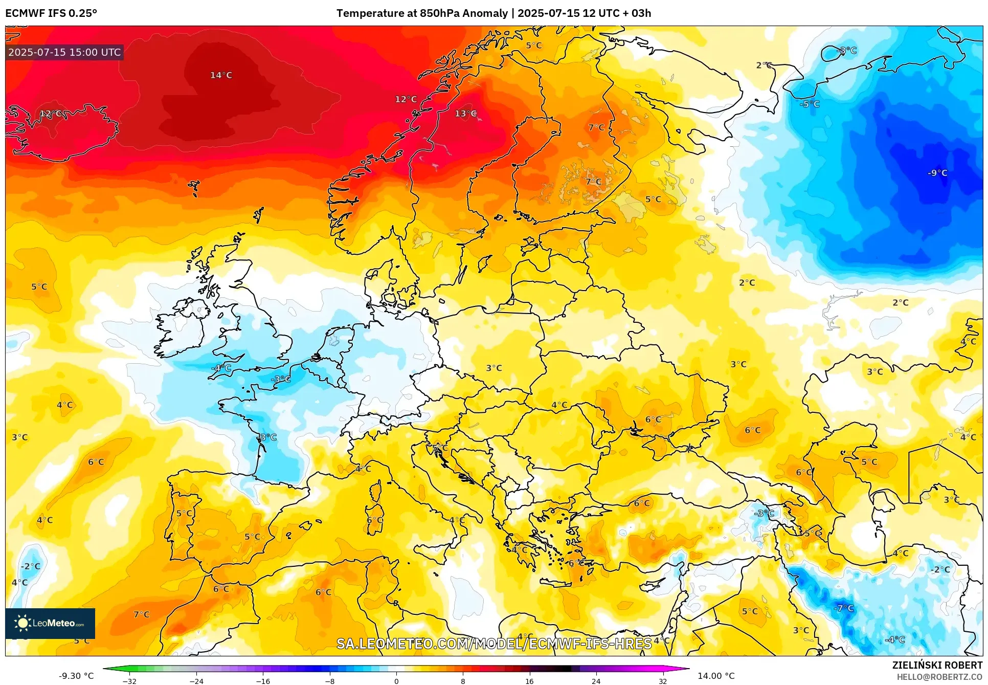 ECMWF IFS 0.25° model - Europe, Temperature at 850hPa Anomaly ECMWF IFS 0.25° model - Europe, Temperature at 850hPa Anomaly