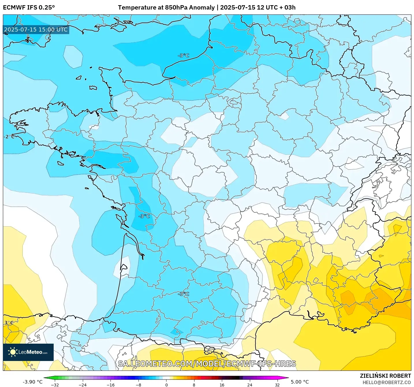 ECMWF IFS 0.25° model - France, Temperature at 850hPa Anomaly ECMWF IFS 0.25° model - France, Temperature at 850hPa Anomaly
