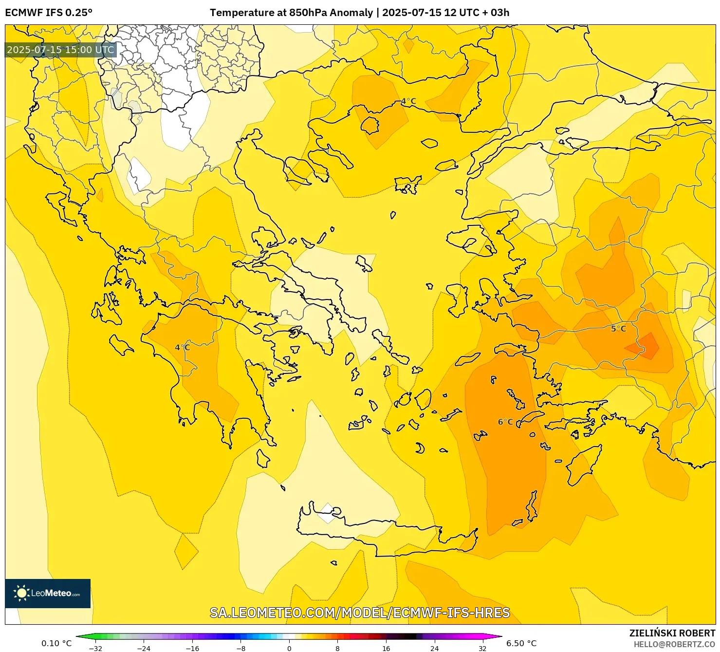 ECMWF IFS 0.25° model - Greece, Temperature at 850hPa Anomaly ECMWF IFS 0.25° model - Greece, Temperature at 850hPa Anomaly