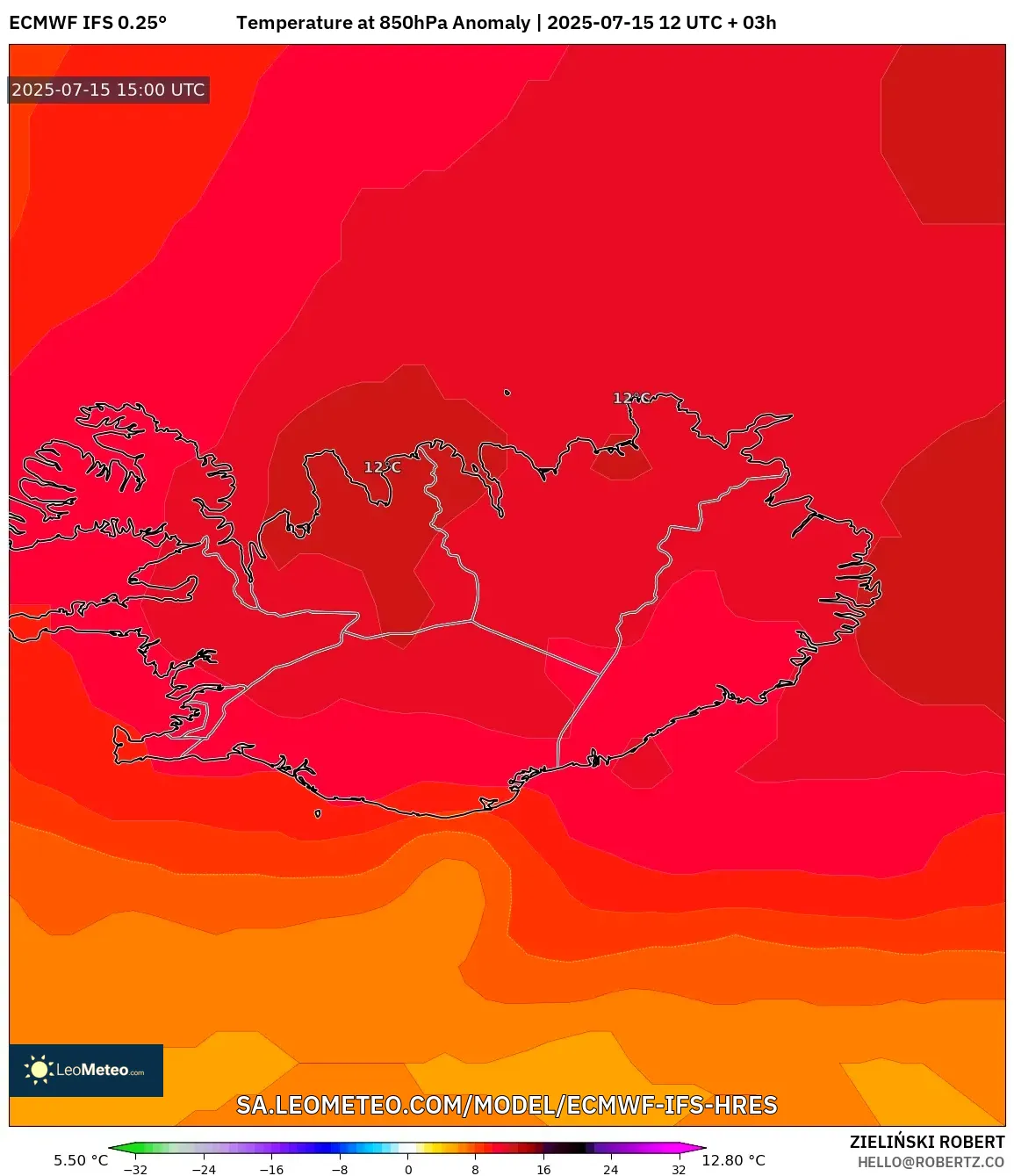 ECMWF IFS 0.25° model - Iceland, Temperature at 850hPa Anomaly ECMWF IFS 0.25° model - Iceland, Temperature at 850hPa Anomaly