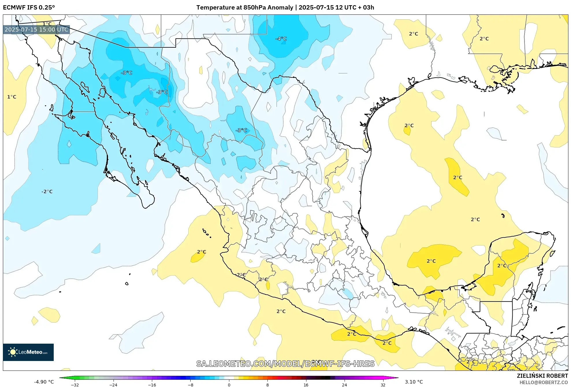 ECMWF IFS 0.25° model - Mexico, Temperature at 850hPa Anomaly ECMWF IFS 0.25° model - Mexico, Temperature at 850hPa Anomaly