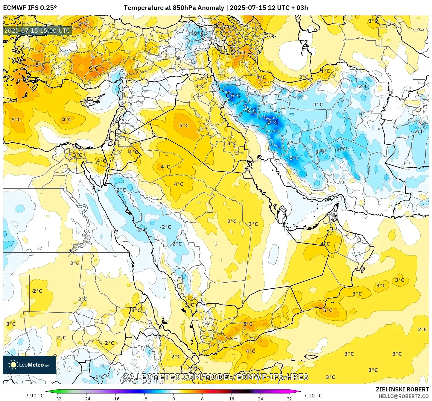 ECMWF IFS 0.25° model - Middle East, Temperature at 850hPa Anomaly ECMWF IFS 0.25° model - Middle East, Temperature at 850hPa Anomaly