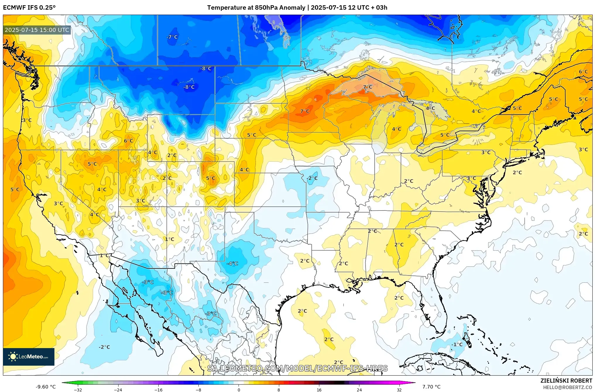 ECMWF IFS 0.25° model - United States, Temperature at 850hPa Anomaly ECMWF IFS 0.25° model - United States, Temperature at 850hPa Anomaly