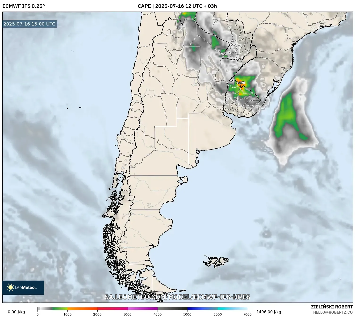 ECMWF IFS 0.25° model - Argentina, CAPE ECMWF IFS 0.25° model - Argentina, CAPE
