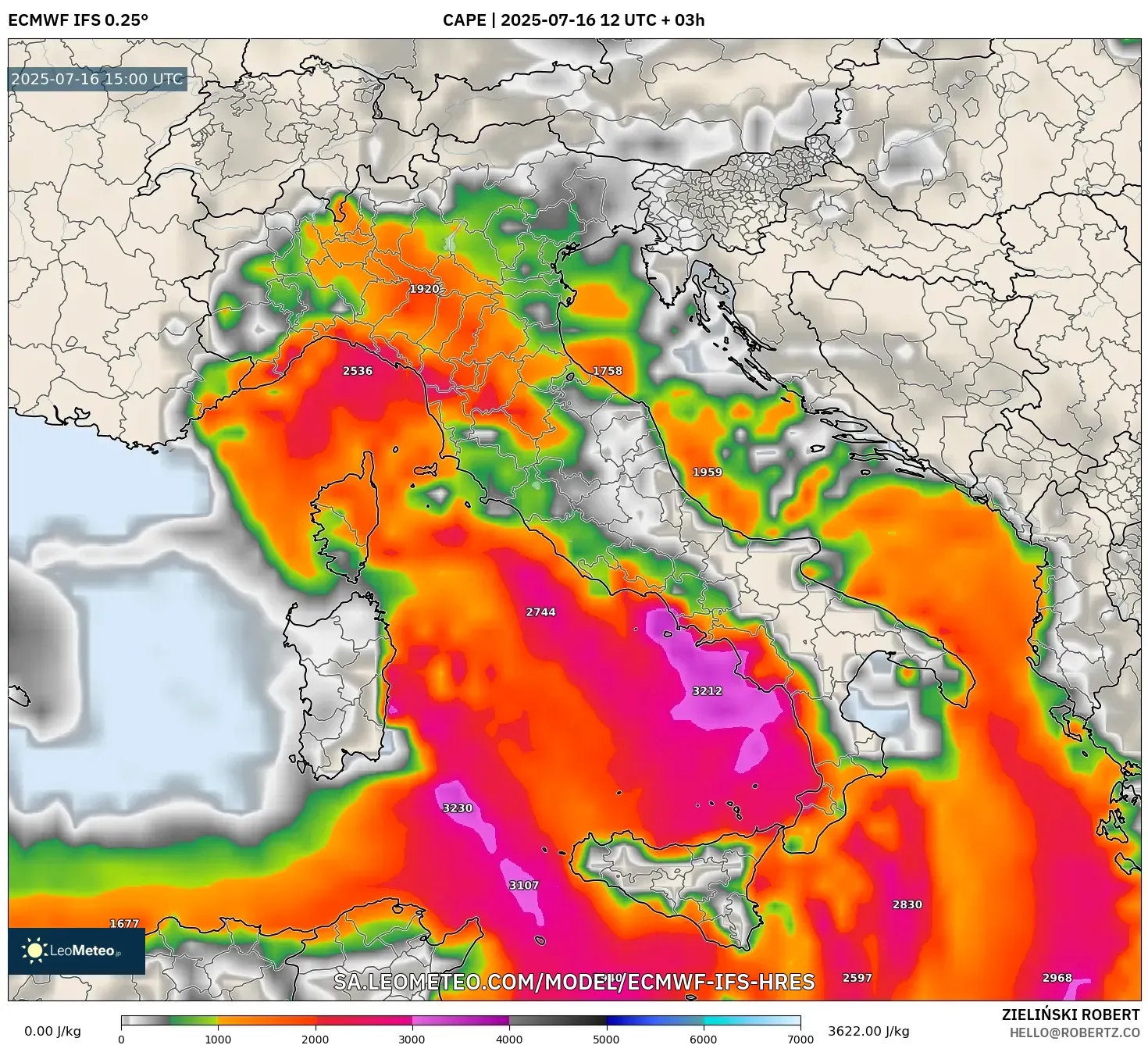 ECMWF IFS 0.25° model - Italy, CAPE