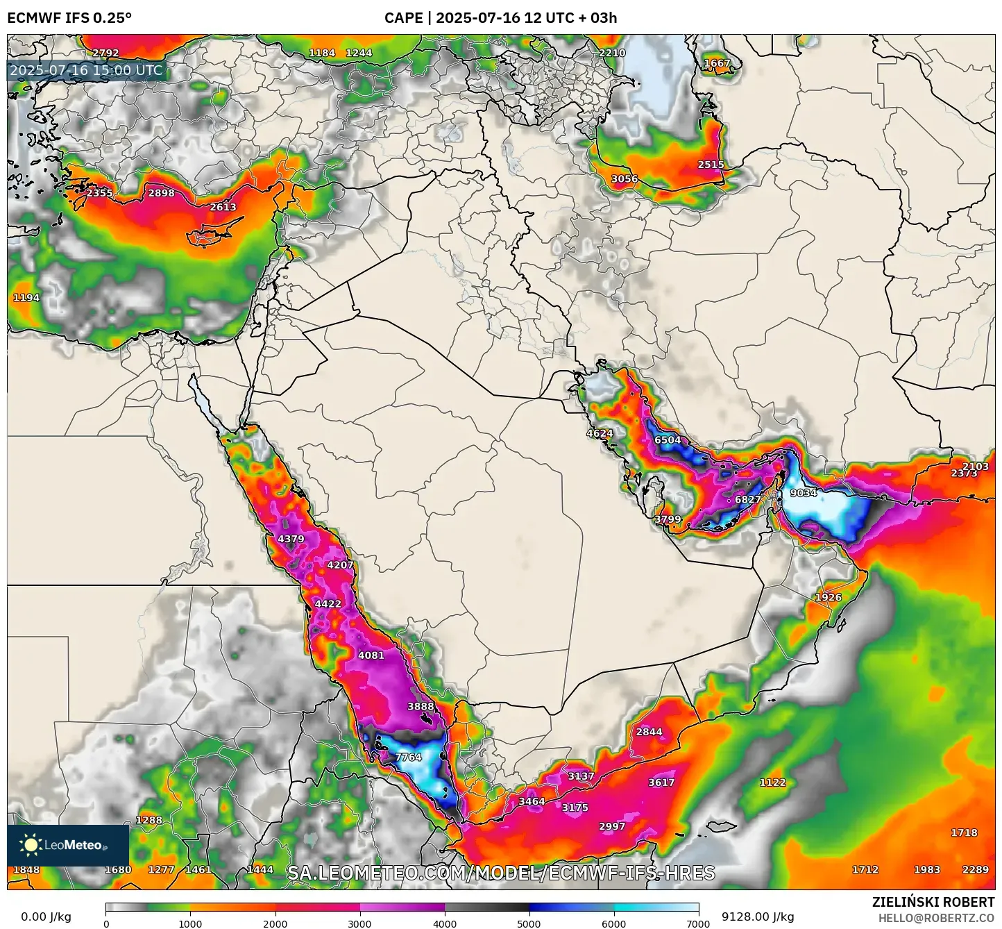 ECMWF IFS 0.25° model - Middle East, CAPE ECMWF IFS 0.25° model - Middle East, CAPE