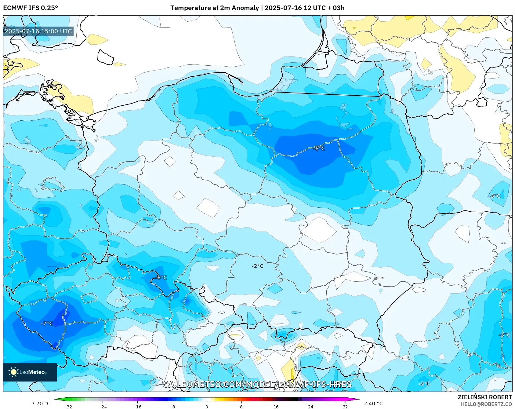 ECMWF IFS 0.25° model - Poland, Temperature at 2m Anomaly ECMWF IFS 0.25° model - Poland, Temperature at 2m Anomaly