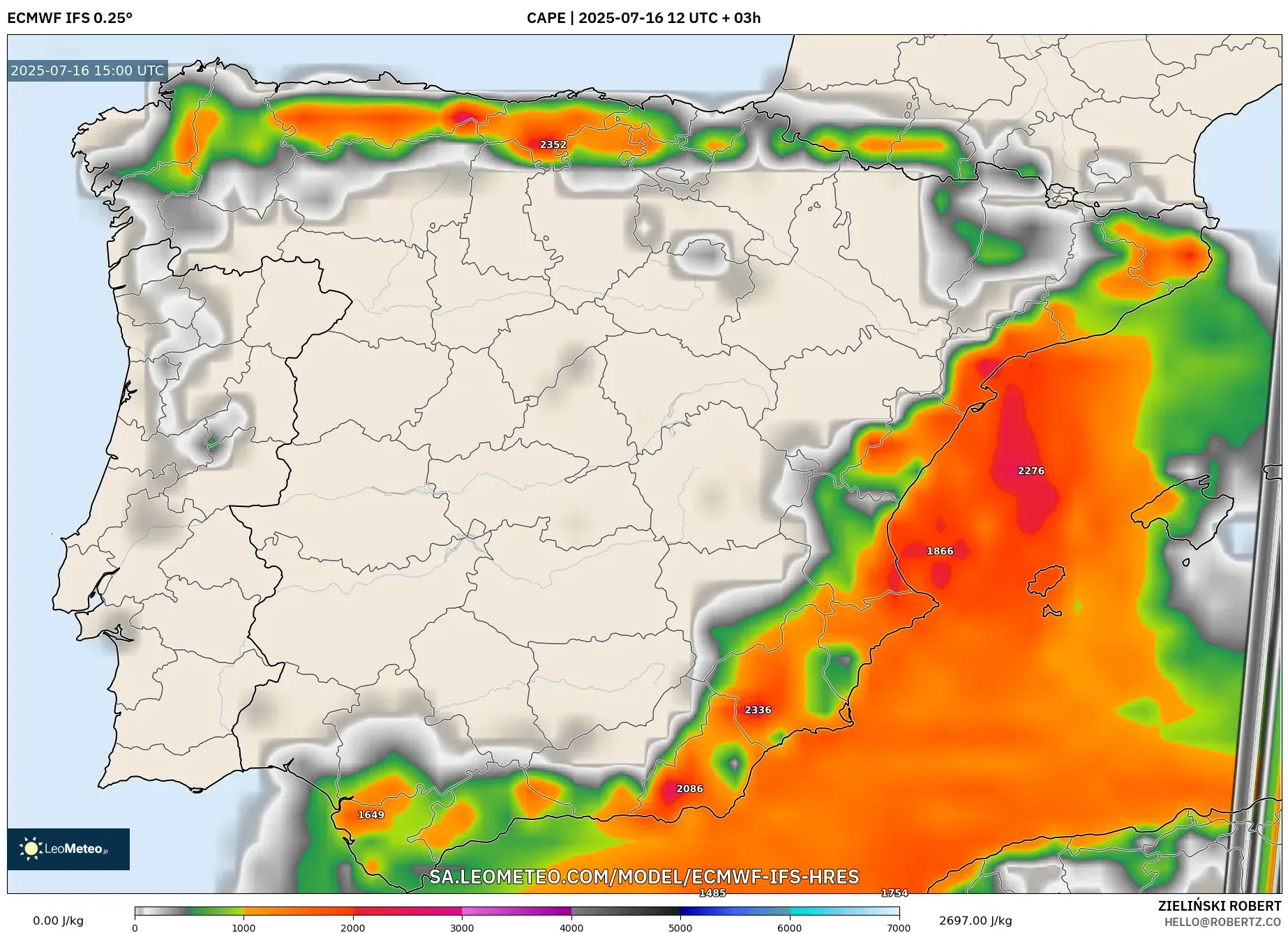 ECMWF IFS 0.25° model - Spain, CAPE ECMWF IFS 0.25° model - Spain, CAPE