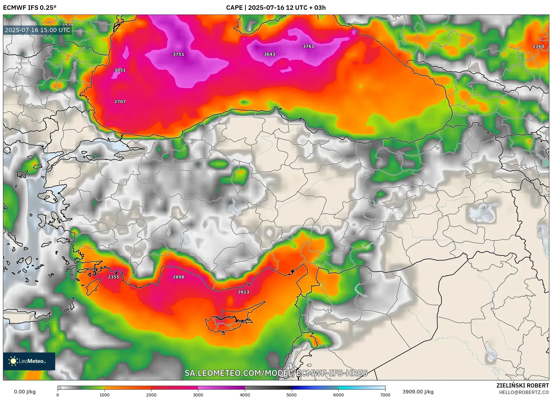 ECMWF IFS 0.25° model - Turkey, CAPE ECMWF IFS 0.25° model - Turkey, CAPE