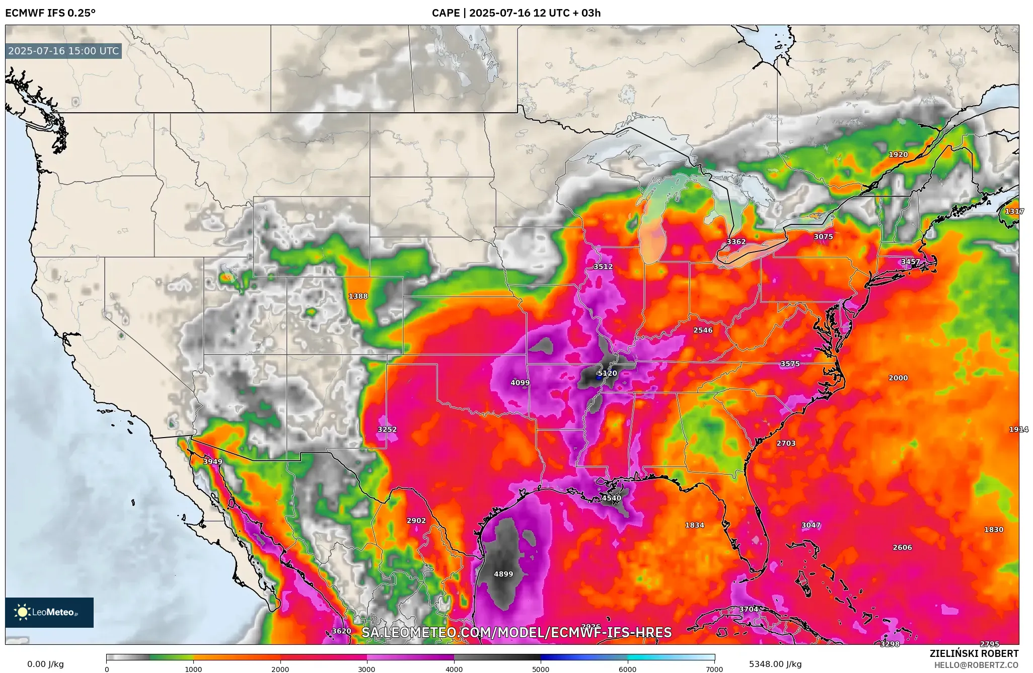 ECMWF IFS 0.25° model - United States, CAPE ECMWF IFS 0.25° model - United States, CAPE