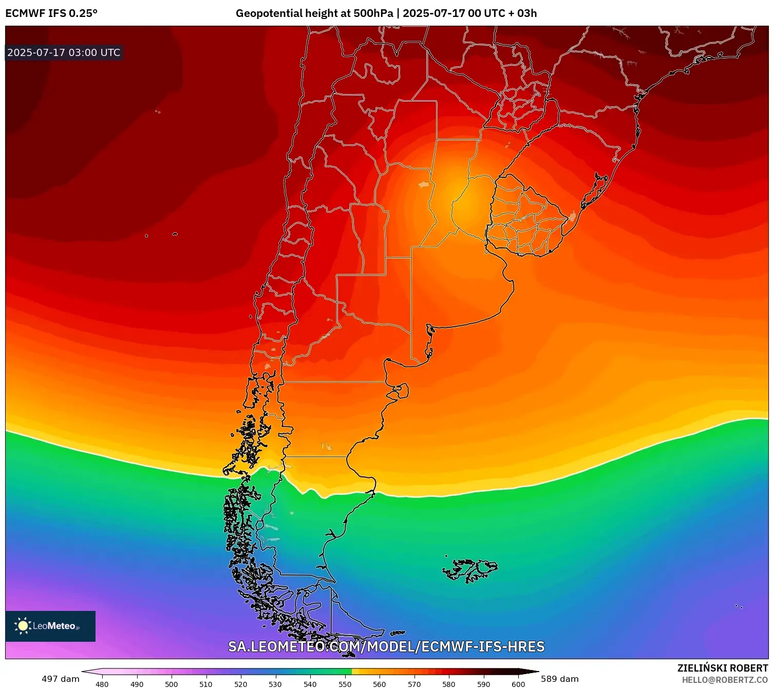 ECMWF IFS 0.25° model - Argentina, Geopotential height at 500hPa