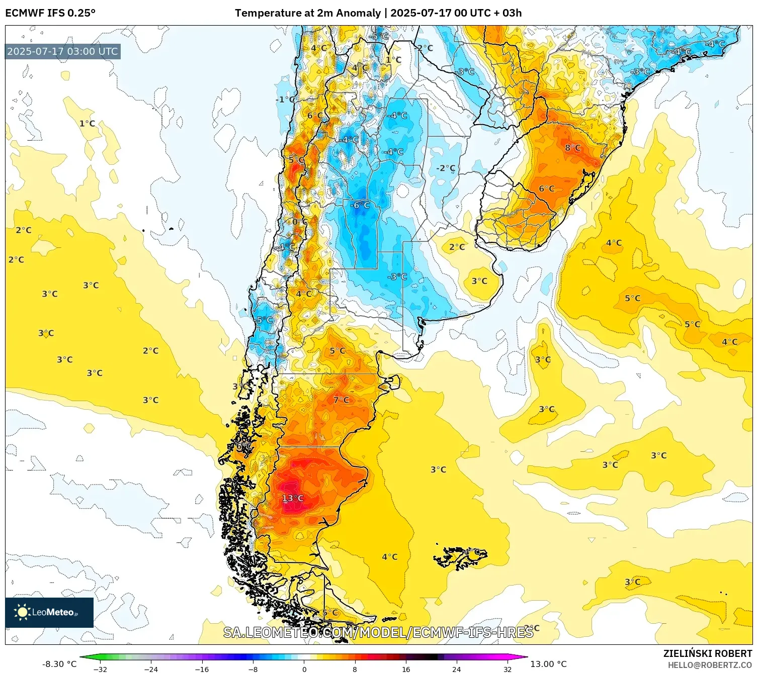 ECMWF IFS 0.25° model - Argentina, Temperature at 2m Anomaly ECMWF IFS 0.25° model - Argentina, Temperature at 2m Anomaly
