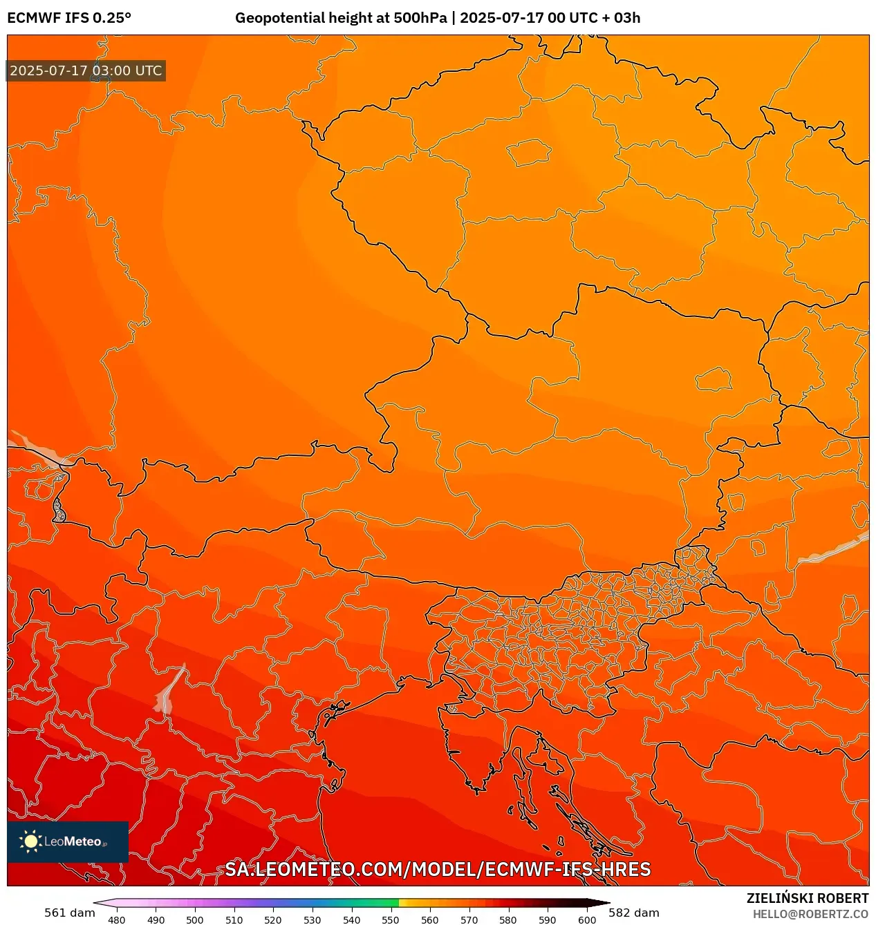 ECMWF IFS 0.25° model - Austria, Geopotential height at 500hPa