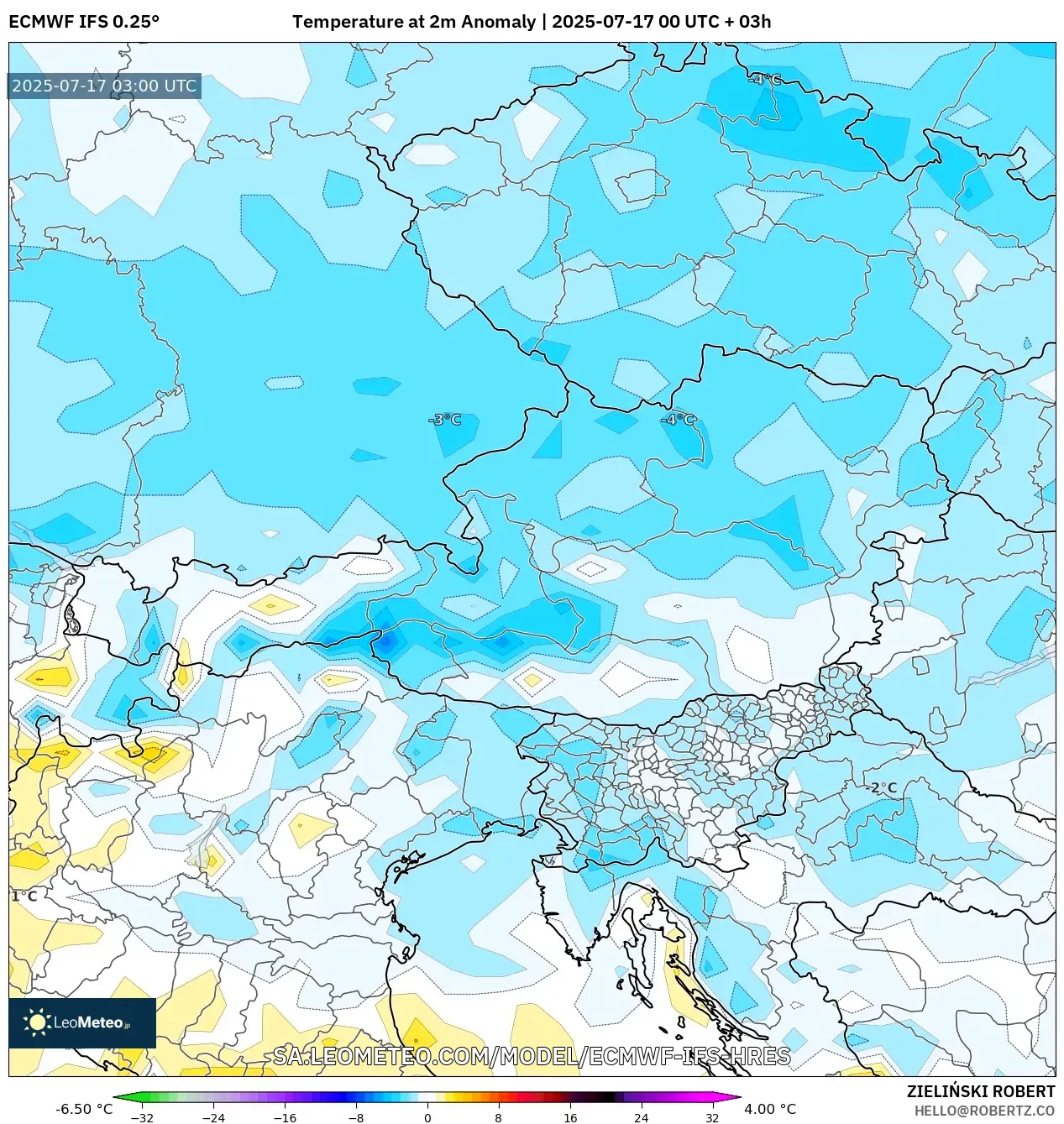ECMWF IFS 0.25° model - Austria, Temperature at 2m Anomaly ECMWF IFS 0.25° model - Austria, Temperature at 2m Anomaly