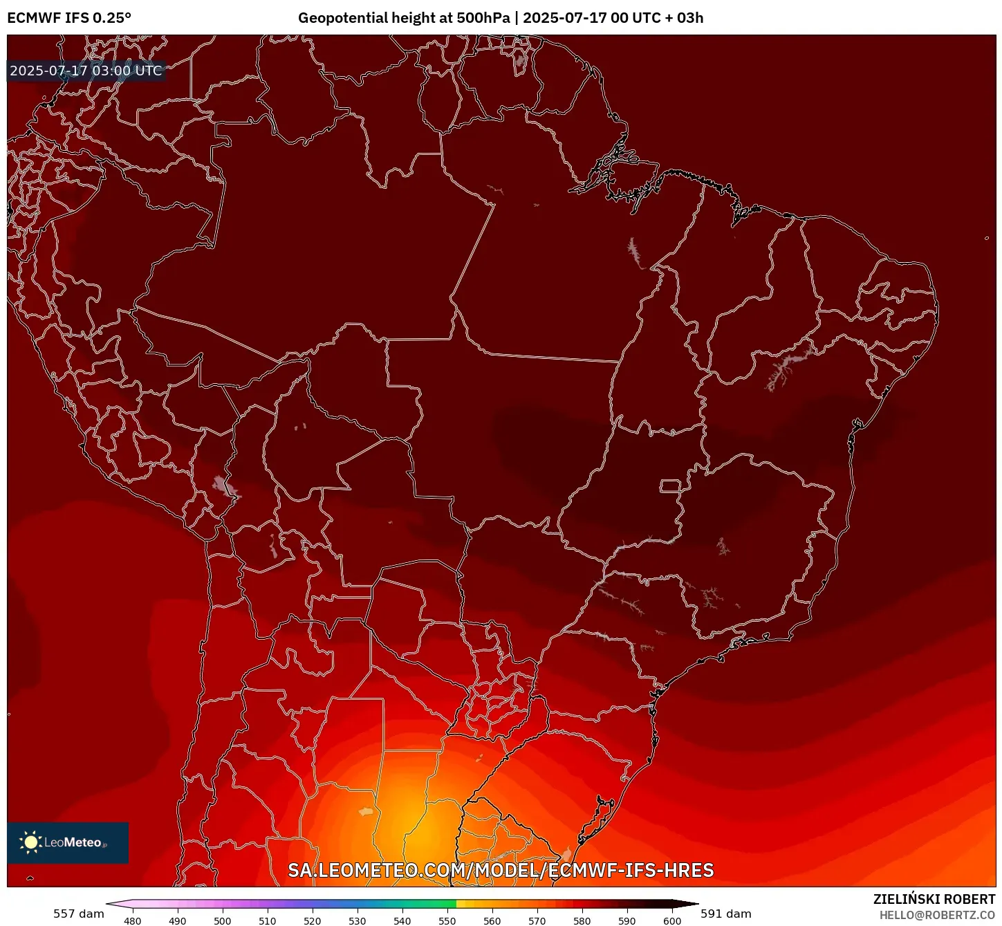 ECMWF IFS 0.25° model - Brazil, Geopotential height at 500hPa ECMWF IFS 0.25° model - Brazil, Geopotential height at 500hPa