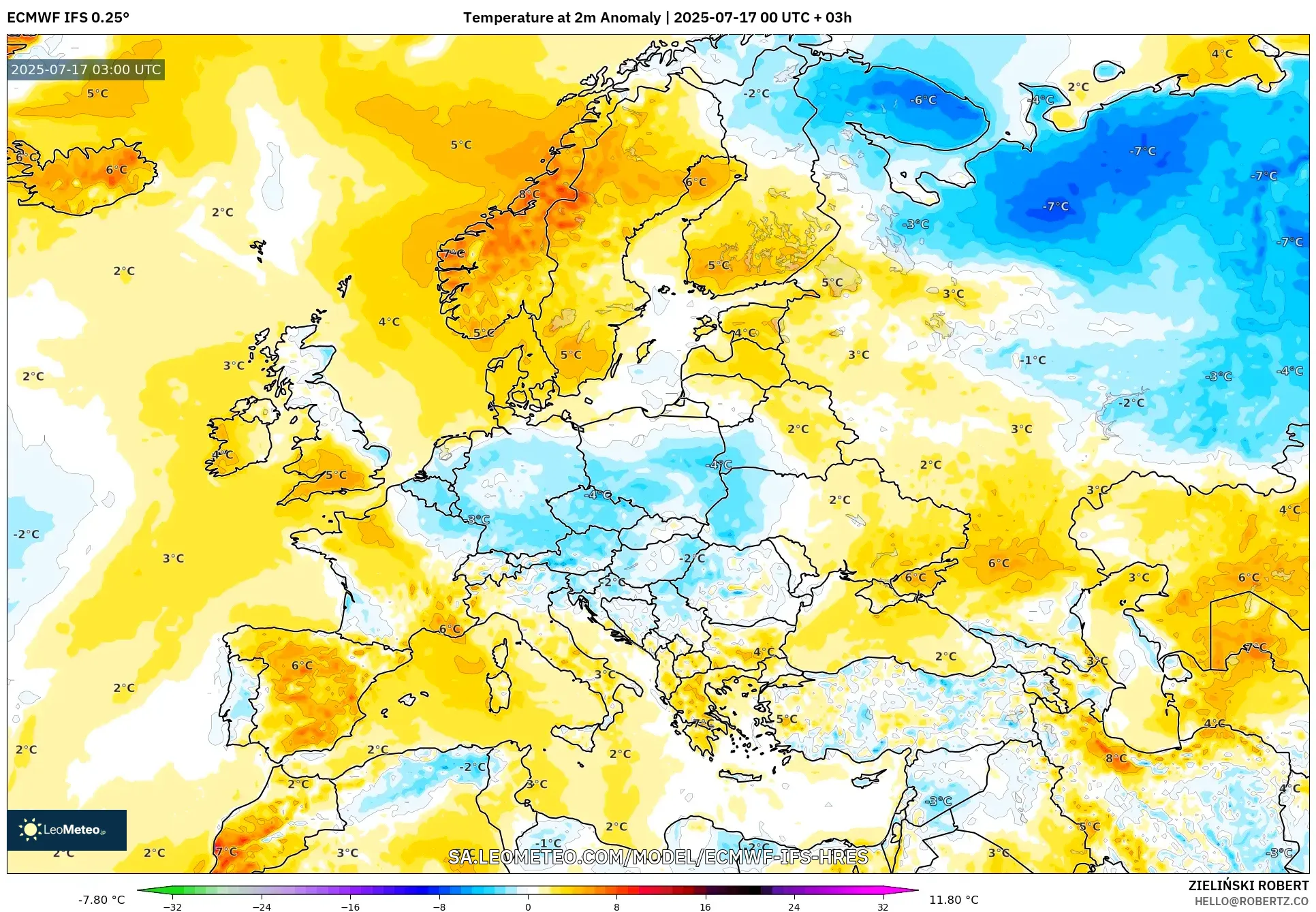 ECMWF IFS 0.25° model - Europe, Temperature at 2m Anomaly ECMWF IFS 0.25° model - Europe, Temperature at 2m Anomaly