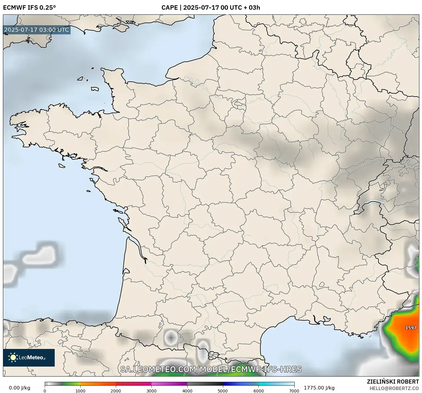 ECMWF IFS 0.25° model - France, CAPE