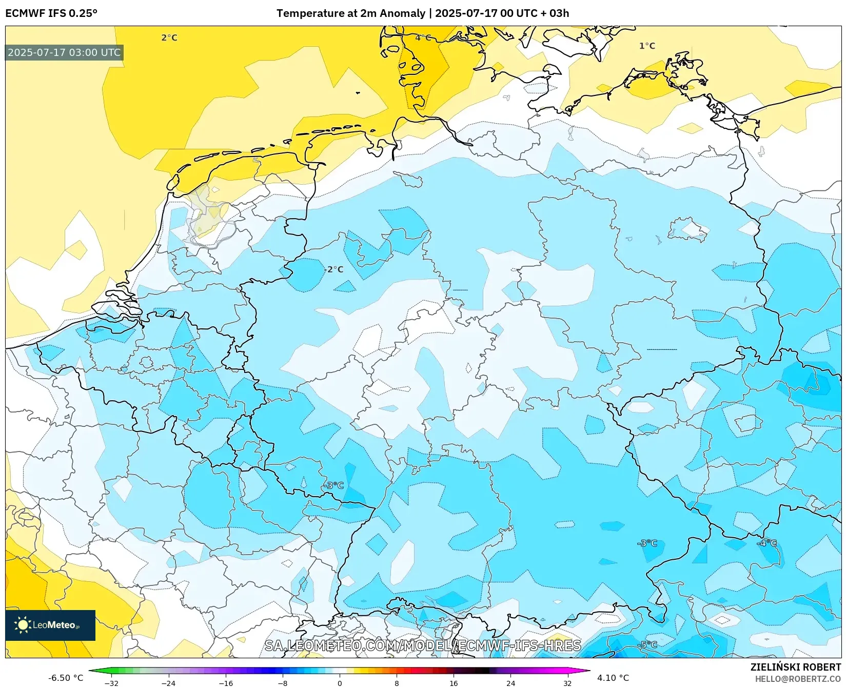 ECMWF IFS 0.25° model - Germany, Temperature at 2m Anomaly