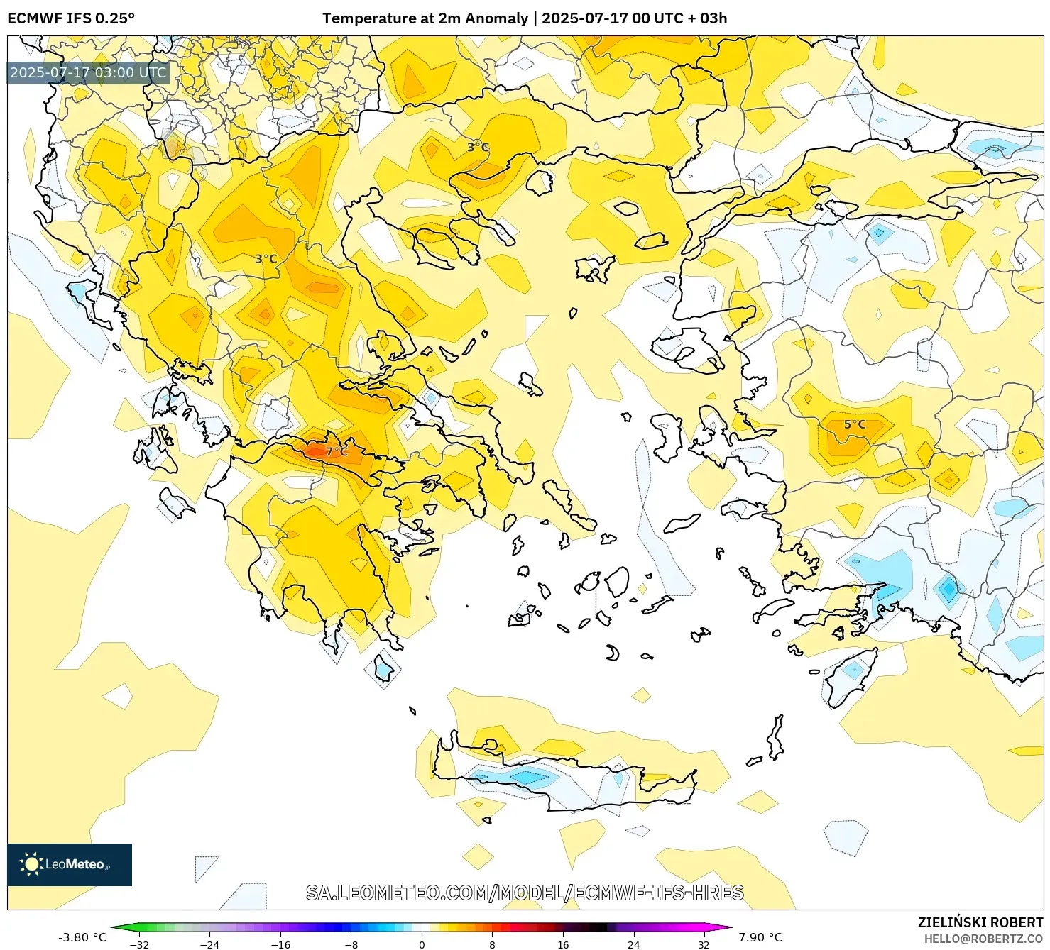 ECMWF IFS 0.25° model - Greece, Temperature at 2m Anomaly