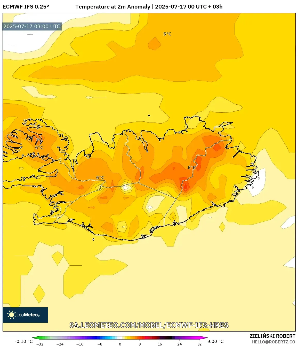 ECMWF IFS 0.25° model - Iceland, Temperature at 2m Anomaly ECMWF IFS 0.25° model - Iceland, Temperature at 2m Anomaly