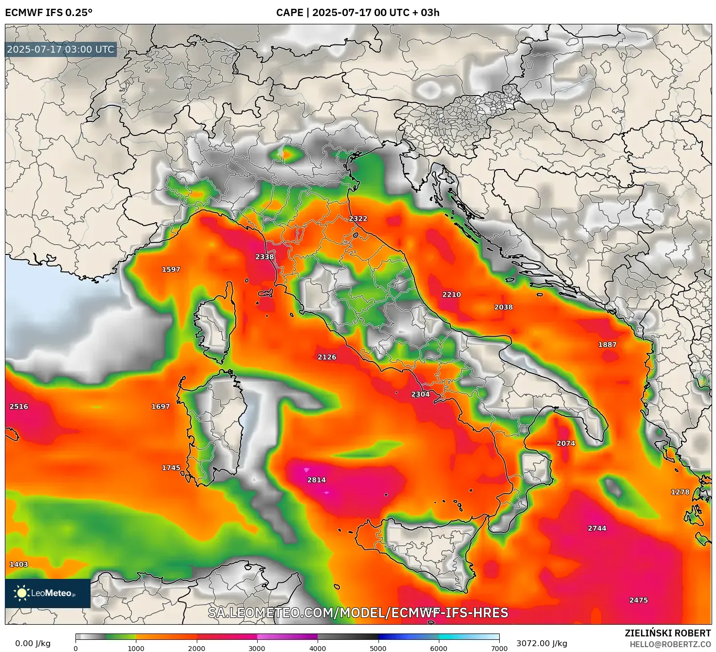 ECMWF IFS 0.25° model - Italy, CAPE ECMWF IFS 0.25° model - Italy, CAPE