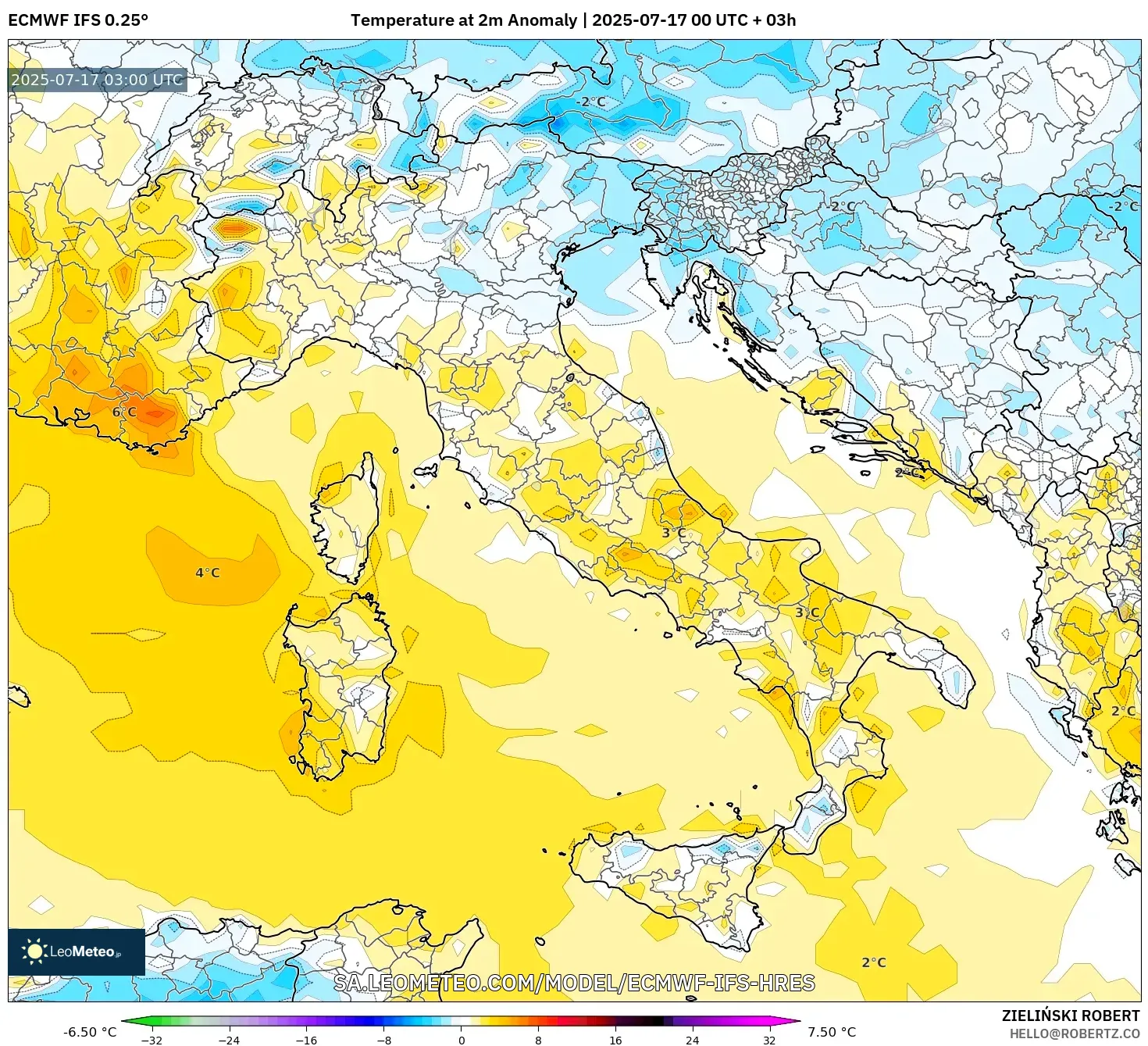ECMWF IFS 0.25° model - Italy, Temperature at 2m Anomaly ECMWF IFS 0.25° model - Italy, Temperature at 2m Anomaly