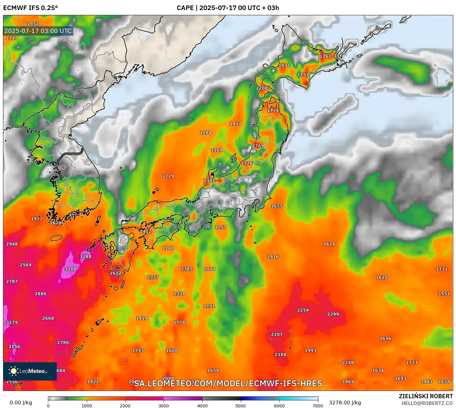 ECMWF IFS 0.25° model - Japan, CAPE ECMWF IFS 0.25° model - Japan, CAPE