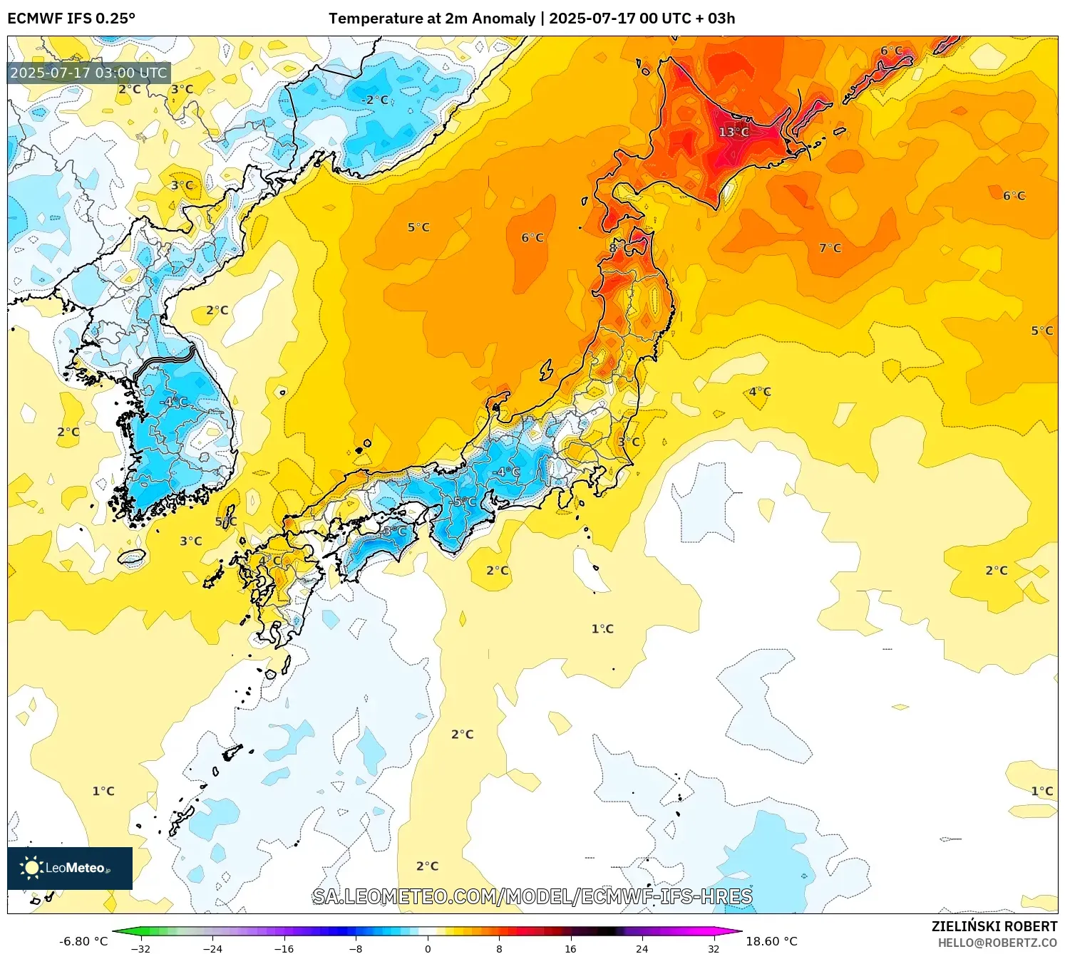 ECMWF IFS 0.25° model - Japan, Temperature at 2m Anomaly ECMWF IFS 0.25° model - Japan, Temperature at 2m Anomaly