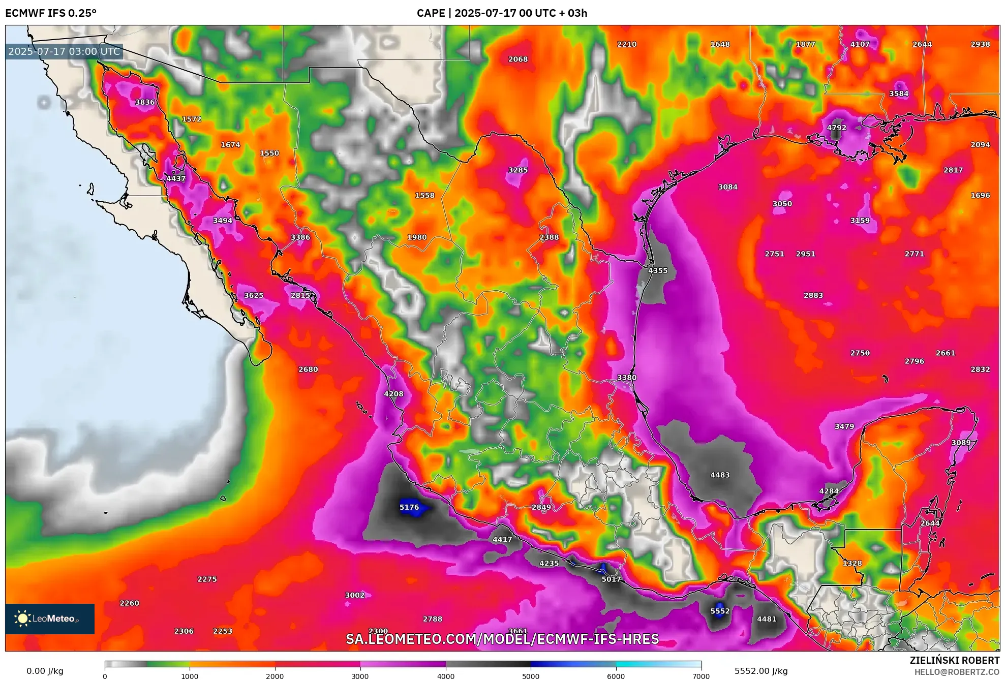 ECMWF IFS 0.25° model - Mexico, CAPE ECMWF IFS 0.25° model - Mexico, CAPE