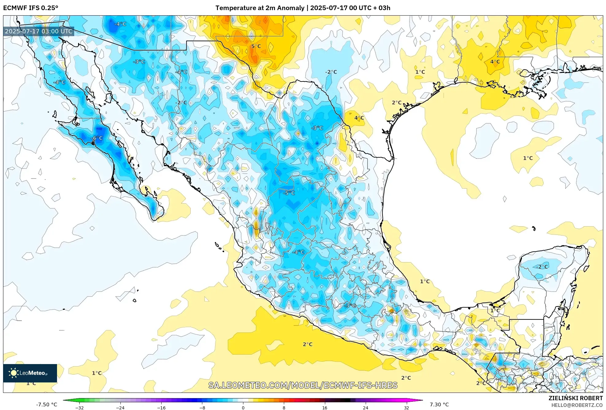 ECMWF IFS 0.25° model - Mexico, Temperature at 2m Anomaly