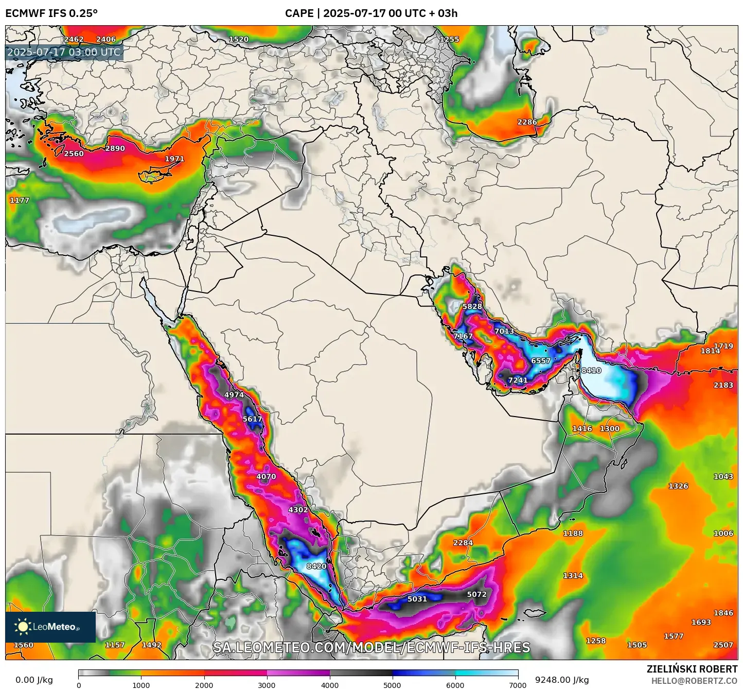 ECMWF IFS 0.25° model - Middle East, CAPE ECMWF IFS 0.25° model - Middle East, CAPE