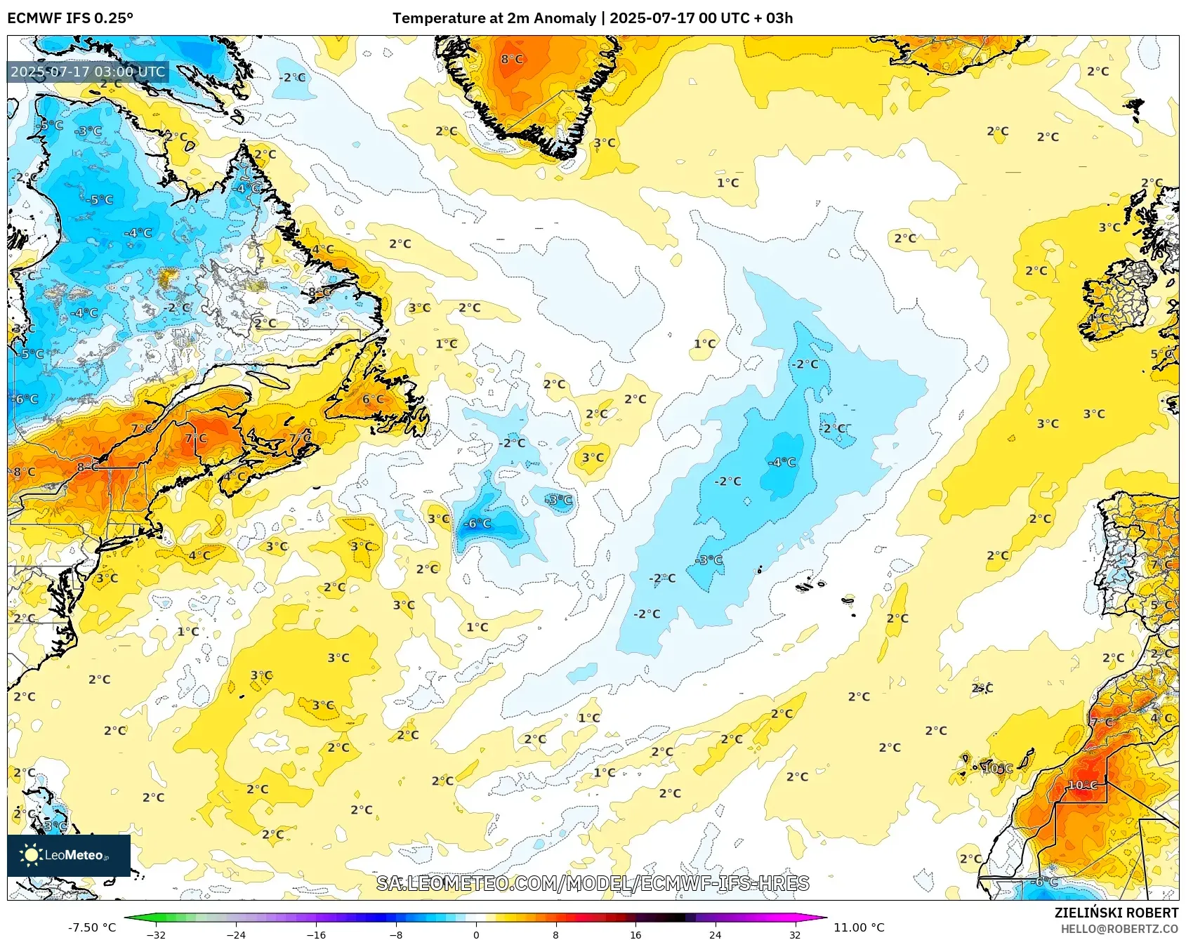 ECMWF IFS 0.25° model - North Atlantic, Temperature at 2m Anomaly ECMWF IFS 0.25° model - North Atlantic, Temperature at 2m Anomaly