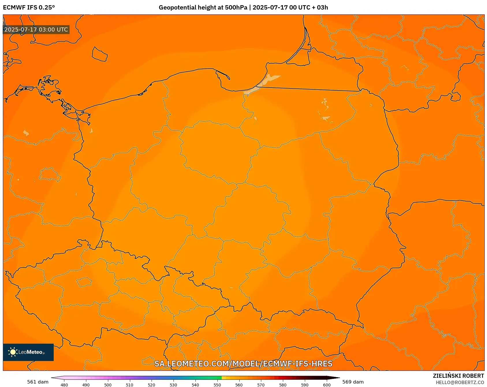 ECMWF IFS 0.25° model - Poland, Geopotential height at 500hPa
