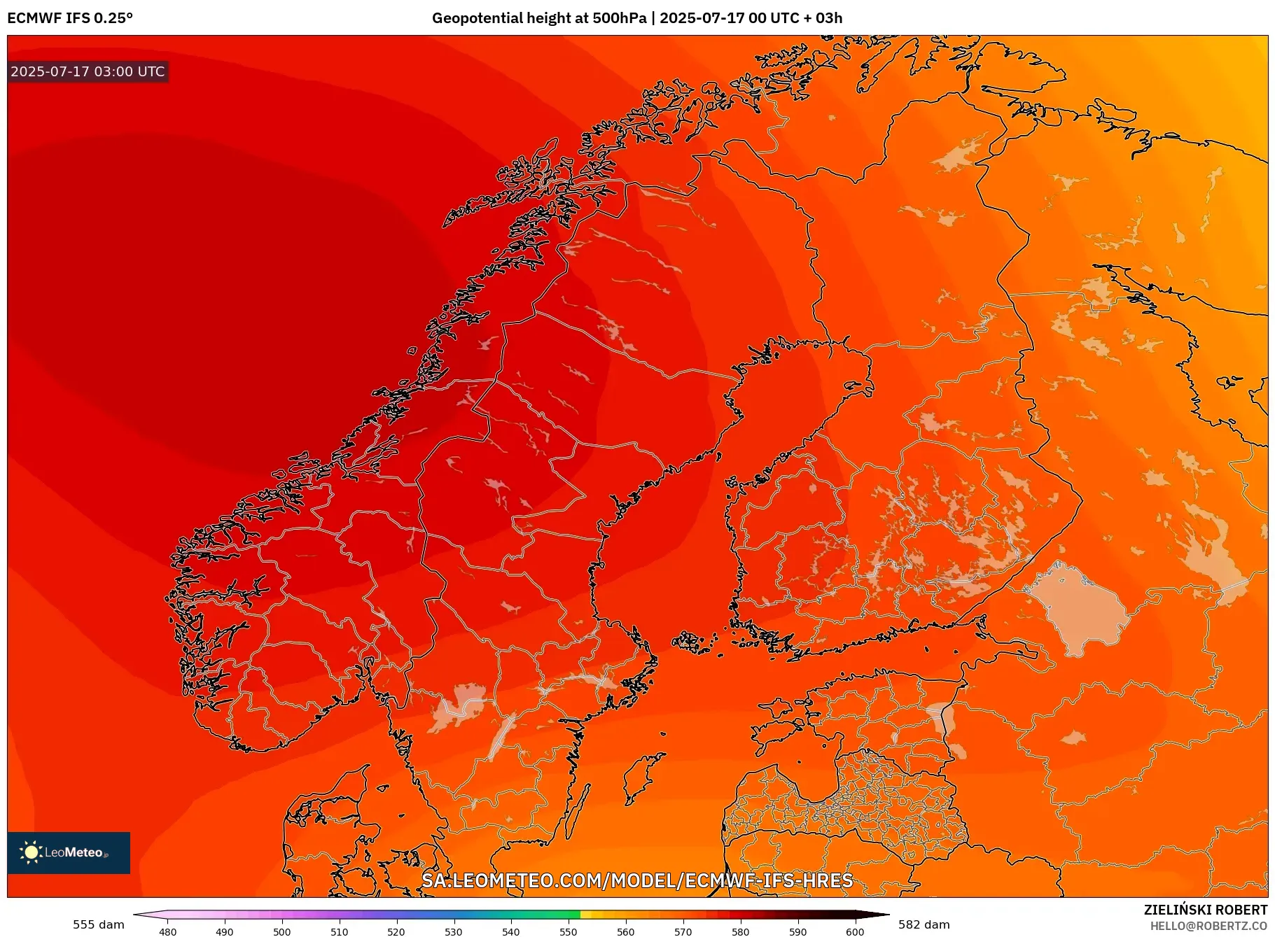 ECMWF IFS 0.25° model - Scandinavia, Geopotential height at 500hPa ECMWF IFS 0.25° model - Scandinavia, Geopotential height at 500hPa