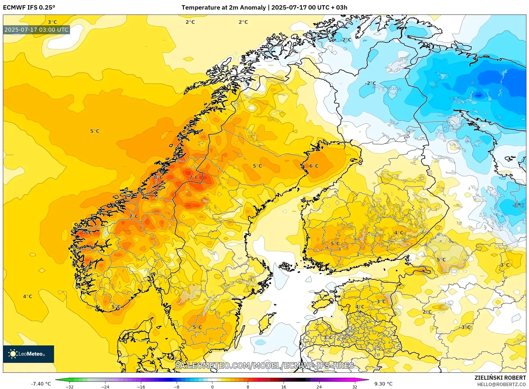 ECMWF IFS 0.25° model - Scandinavia, Temperature at 2m Anomaly ECMWF IFS 0.25° model - Scandinavia, Temperature at 2m Anomaly