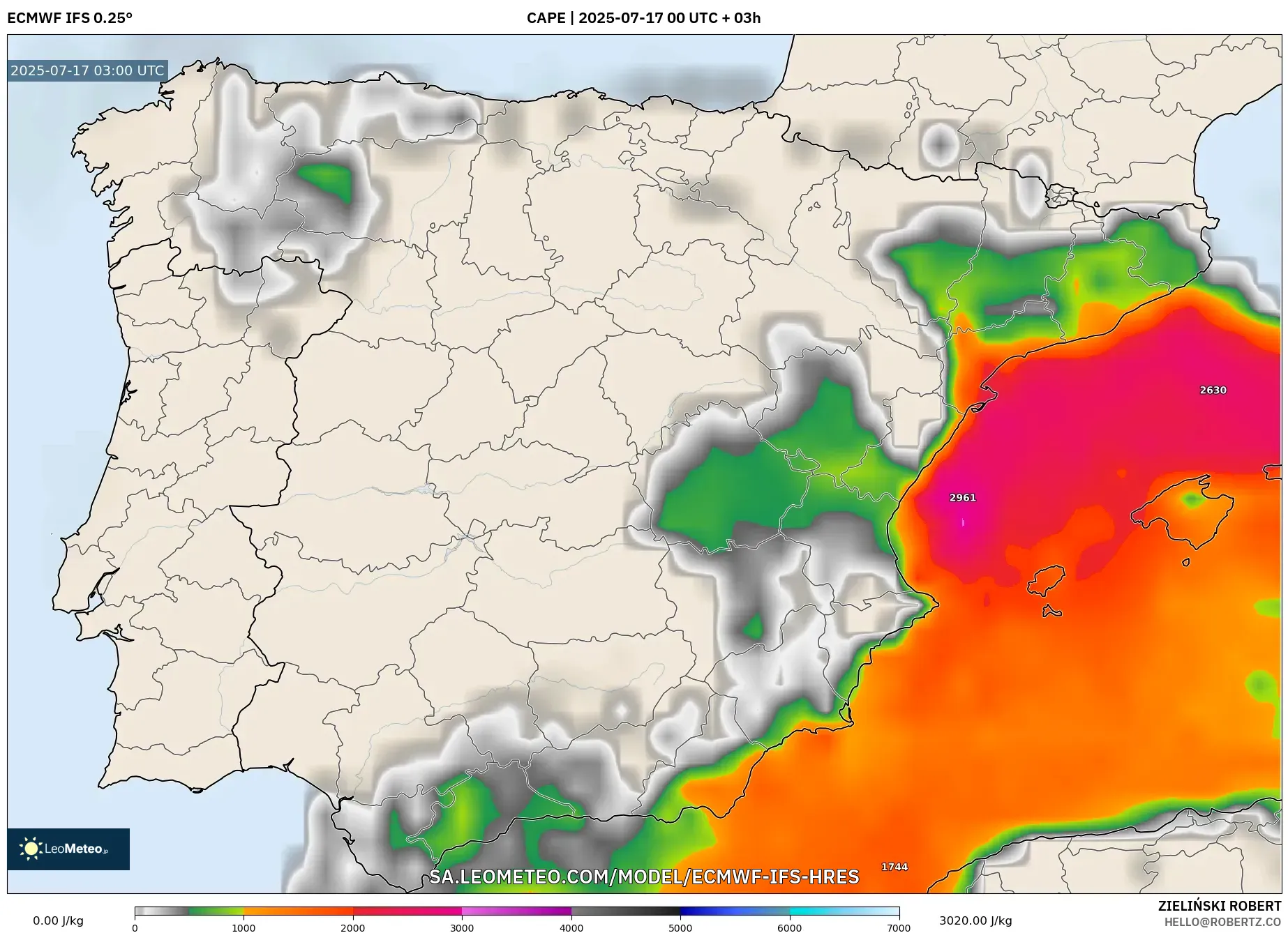 ECMWF IFS 0.25° model - Spain, CAPE ECMWF IFS 0.25° model - Spain, CAPE