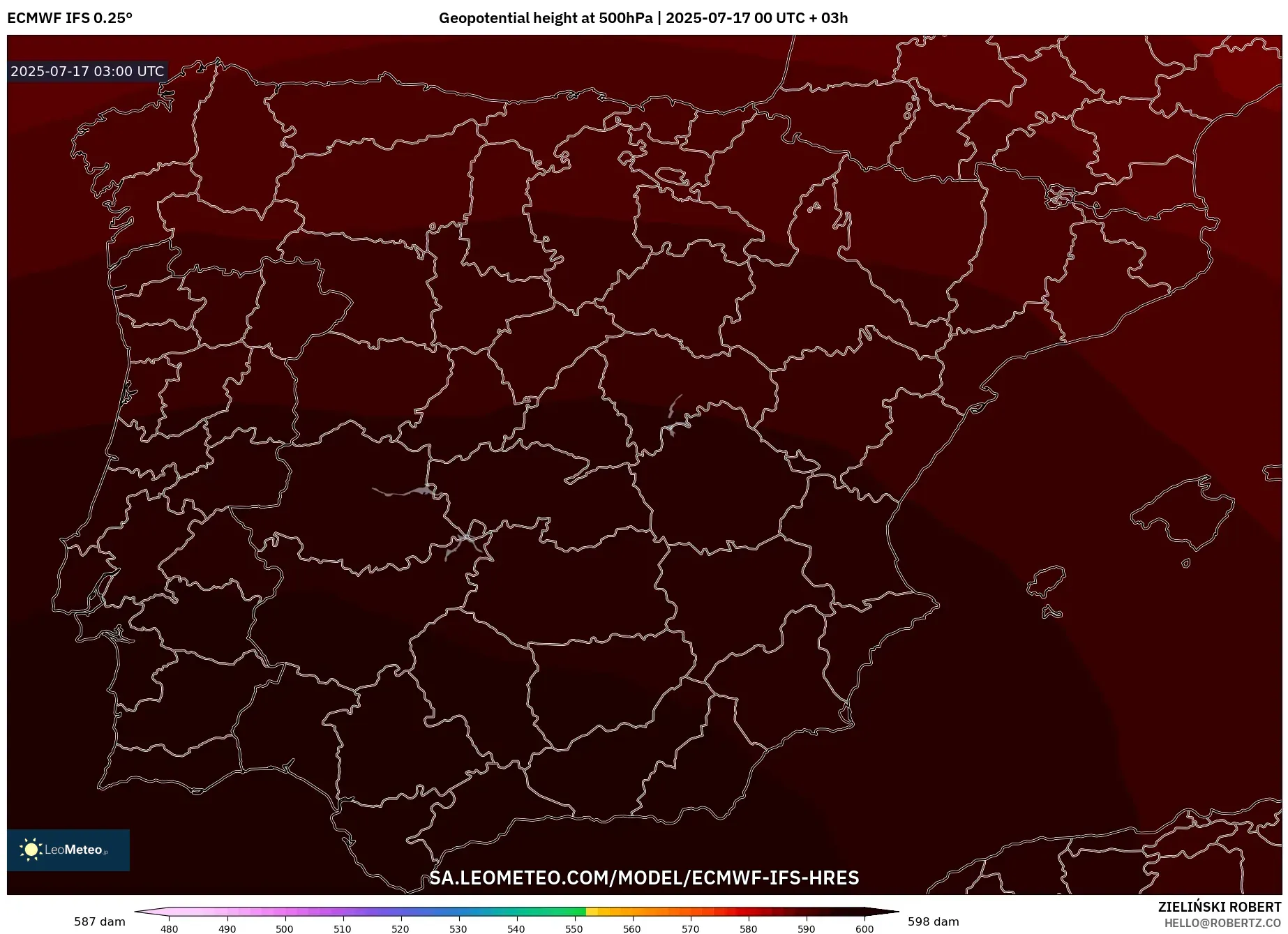 ECMWF IFS 0.25° model - Spain, Geopotential height at 500hPa