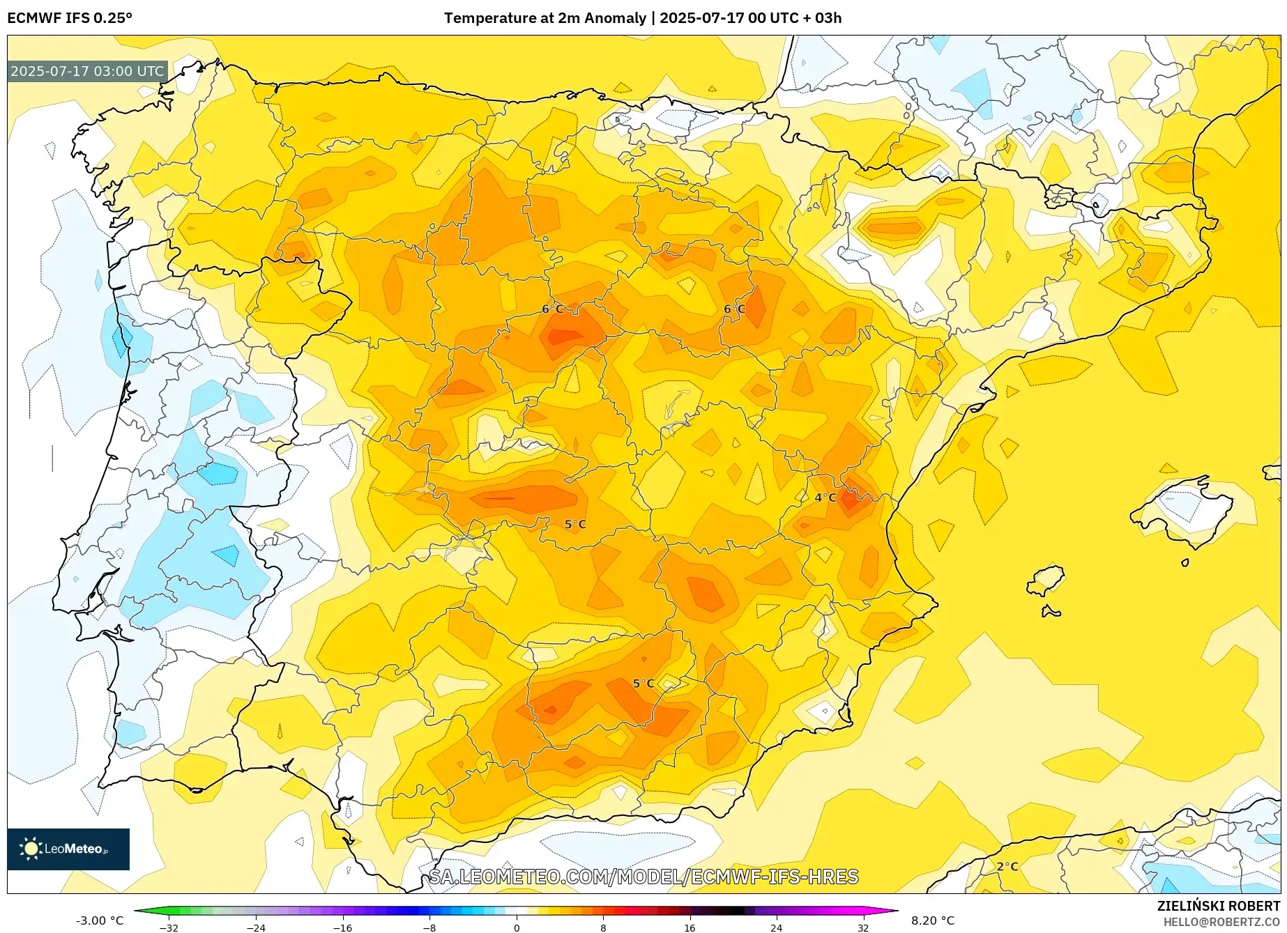 ECMWF IFS 0.25° model - Spain, Temperature at 2m Anomaly ECMWF IFS 0.25° model - Spain, Temperature at 2m Anomaly