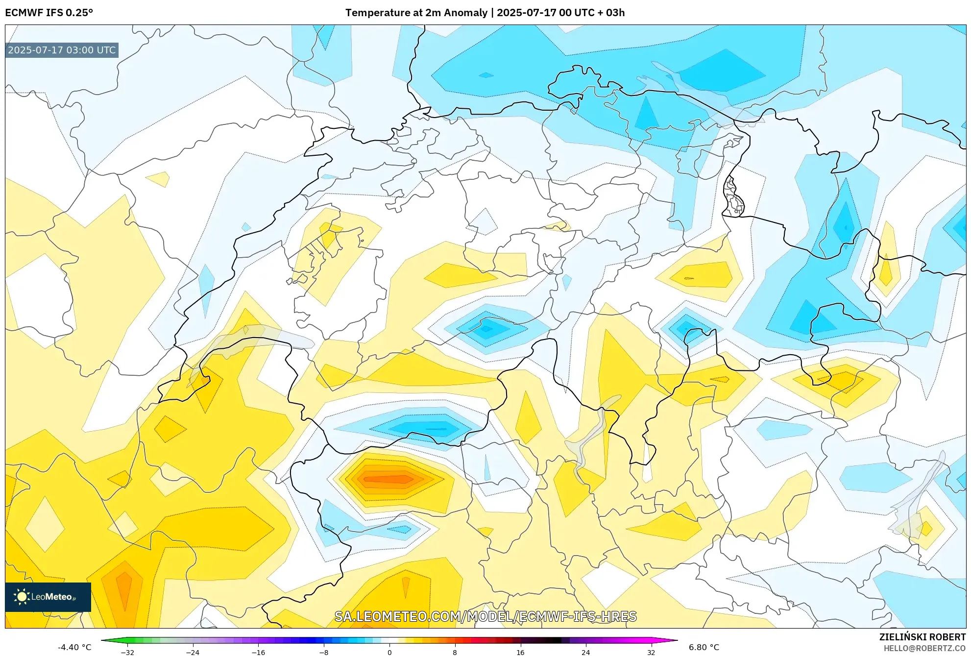 ECMWF IFS 0.25° model - Switzerland, Temperature at 2m Anomaly
