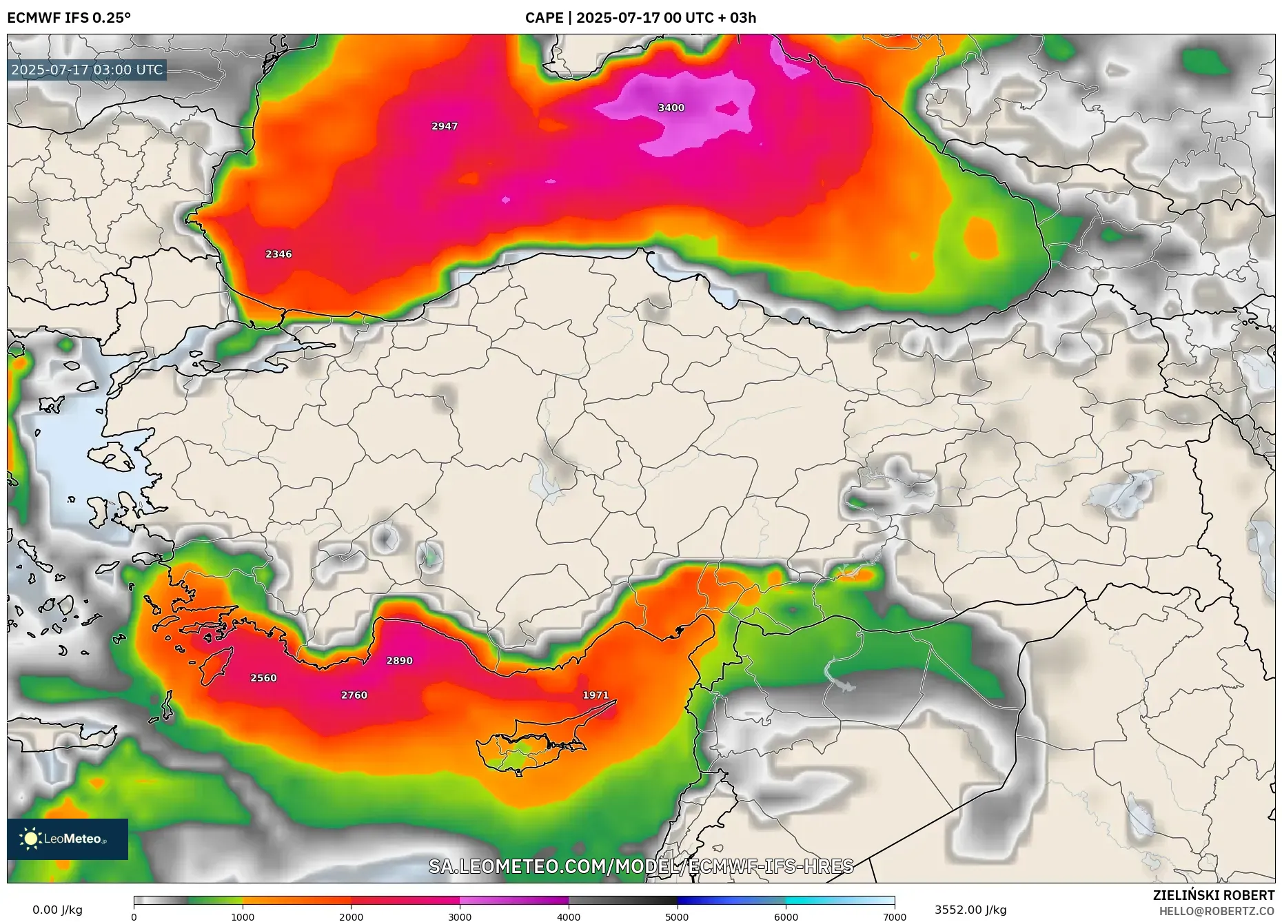 ECMWF IFS 0.25° model - Turkey, CAPE ECMWF IFS 0.25° model - Turkey, CAPE