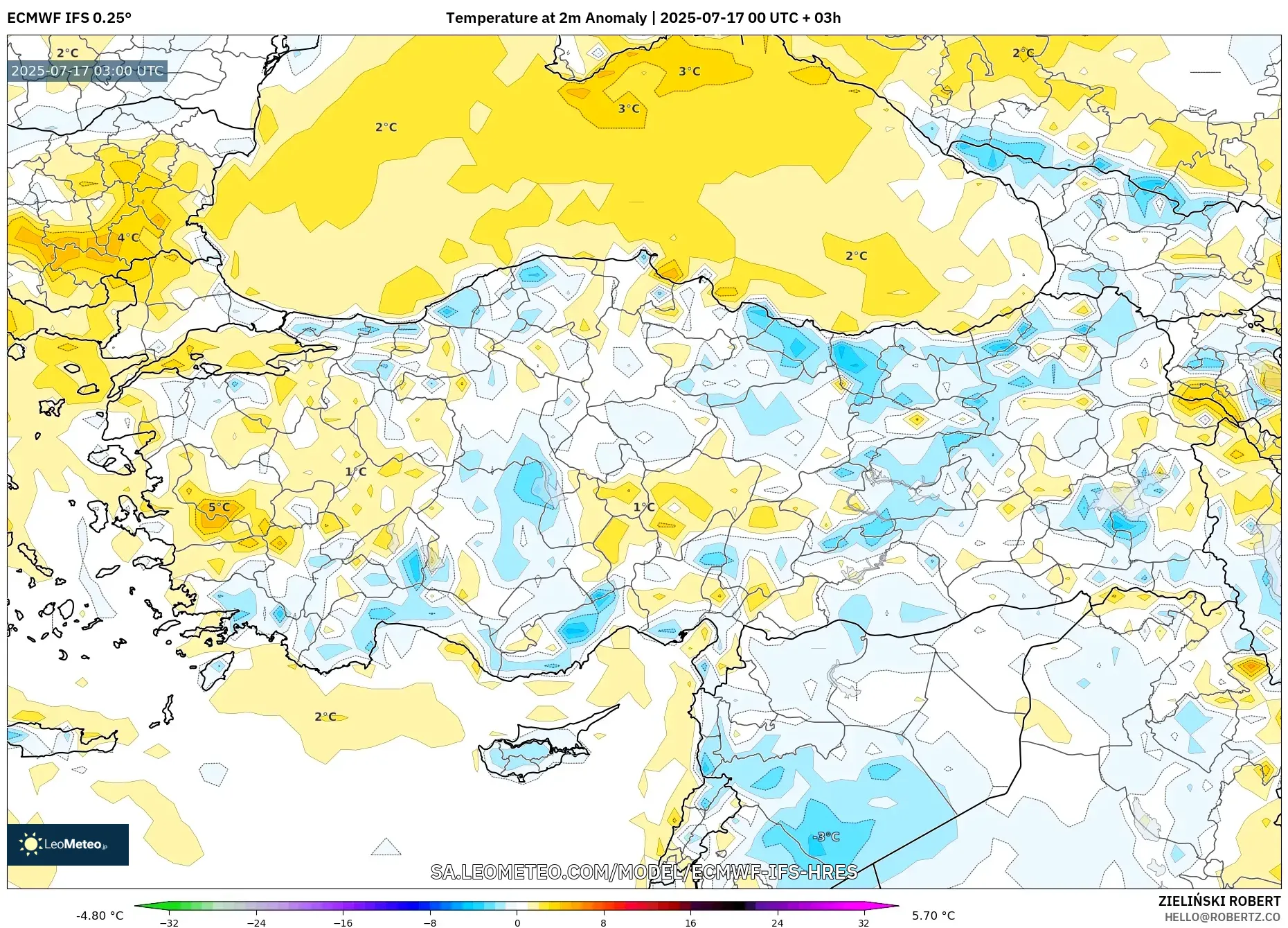 ECMWF IFS 0.25° model - Turkey, Temperature at 2m Anomaly ECMWF IFS 0.25° model - Turkey, Temperature at 2m Anomaly