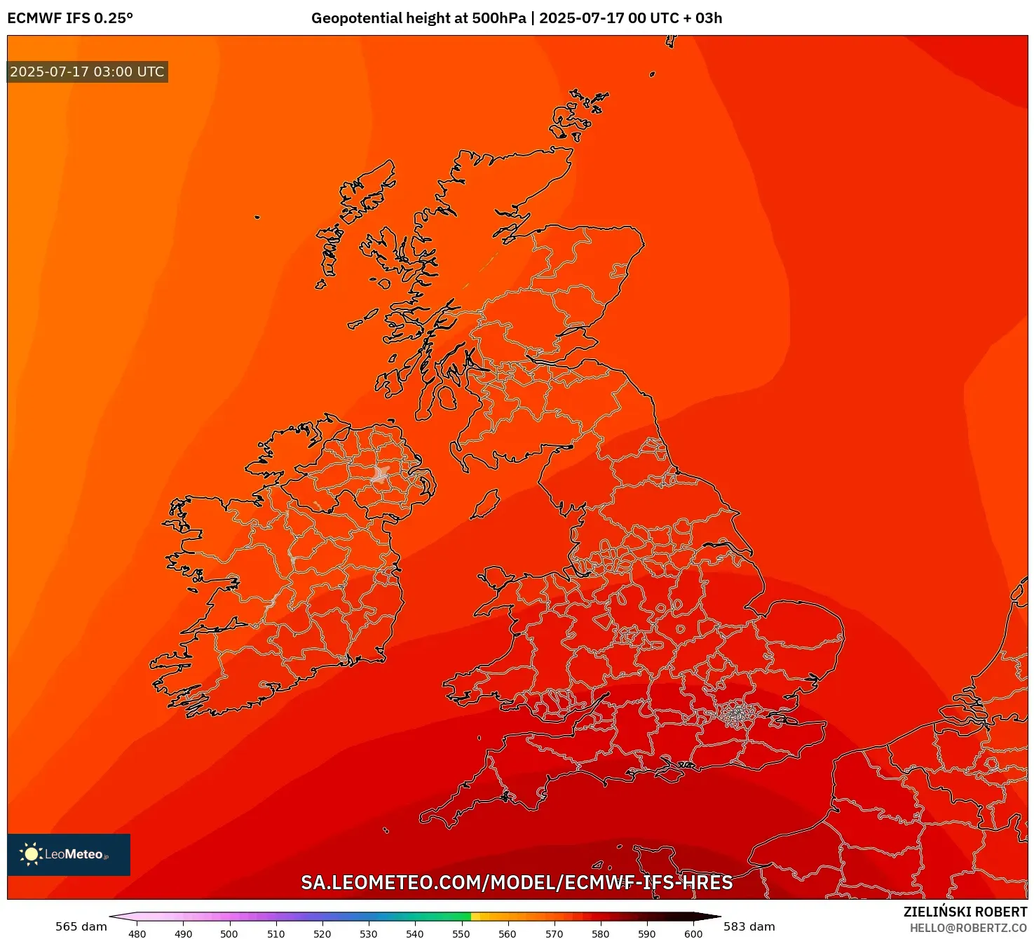 ECMWF IFS 0.25° model - United Kingdom, Geopotential height at 500hPa